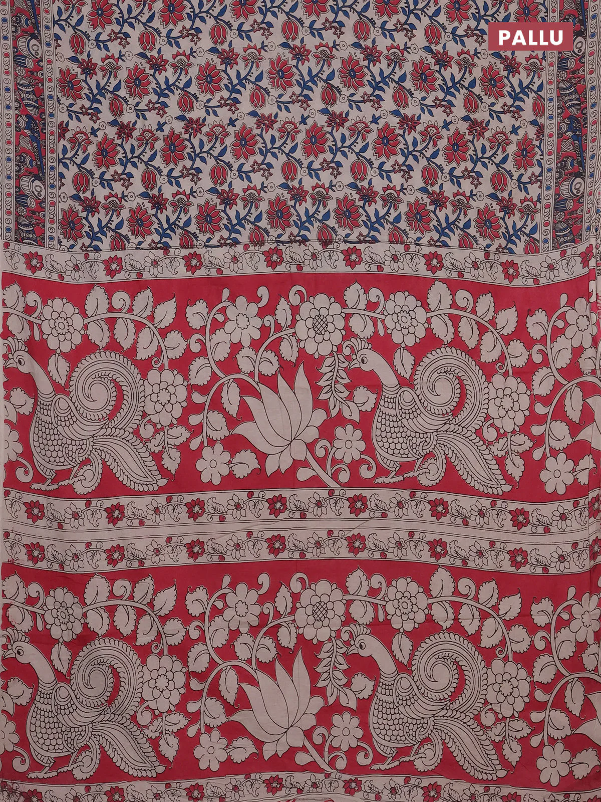 Kalamkari cotton saree beige and pink with allover prints and printed border - Image 3
