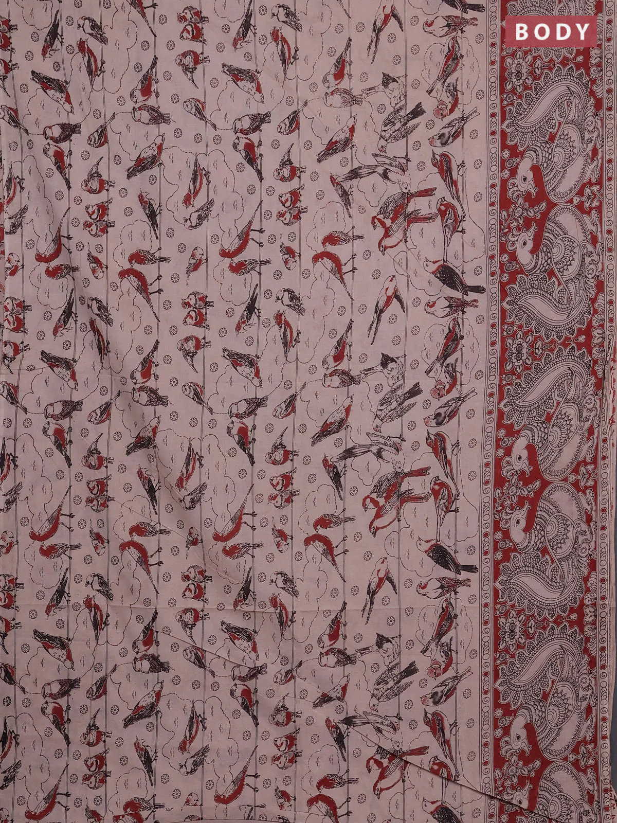 Kalamkari cotton saree beige and rust shade with allover prints and long printed border - Image 2