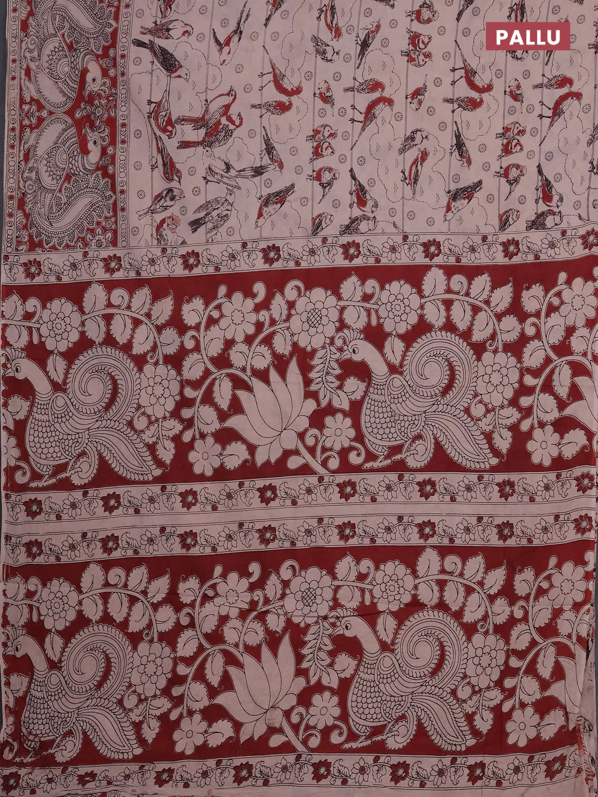 Kalamkari cotton saree beige and rust shade with allover prints and long printed border - Image 3