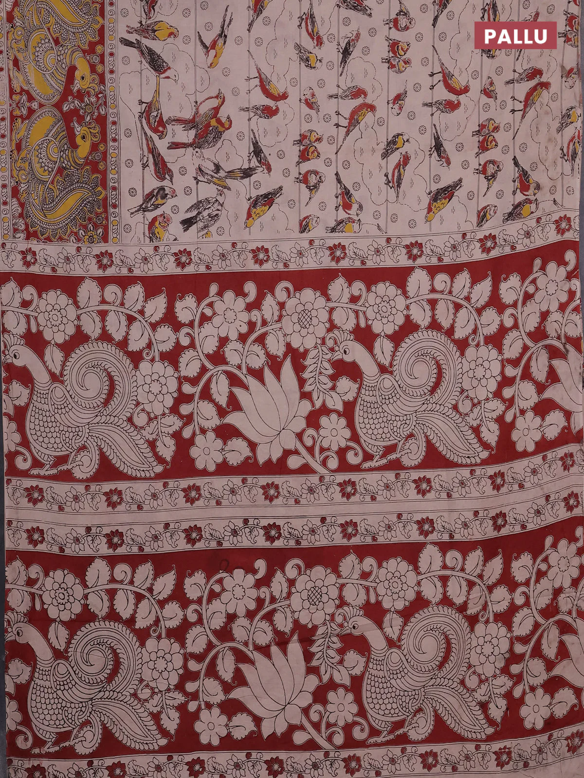 Kalamkari cotton saree beige and rust shade with allover prints and long printed border - Image 3
