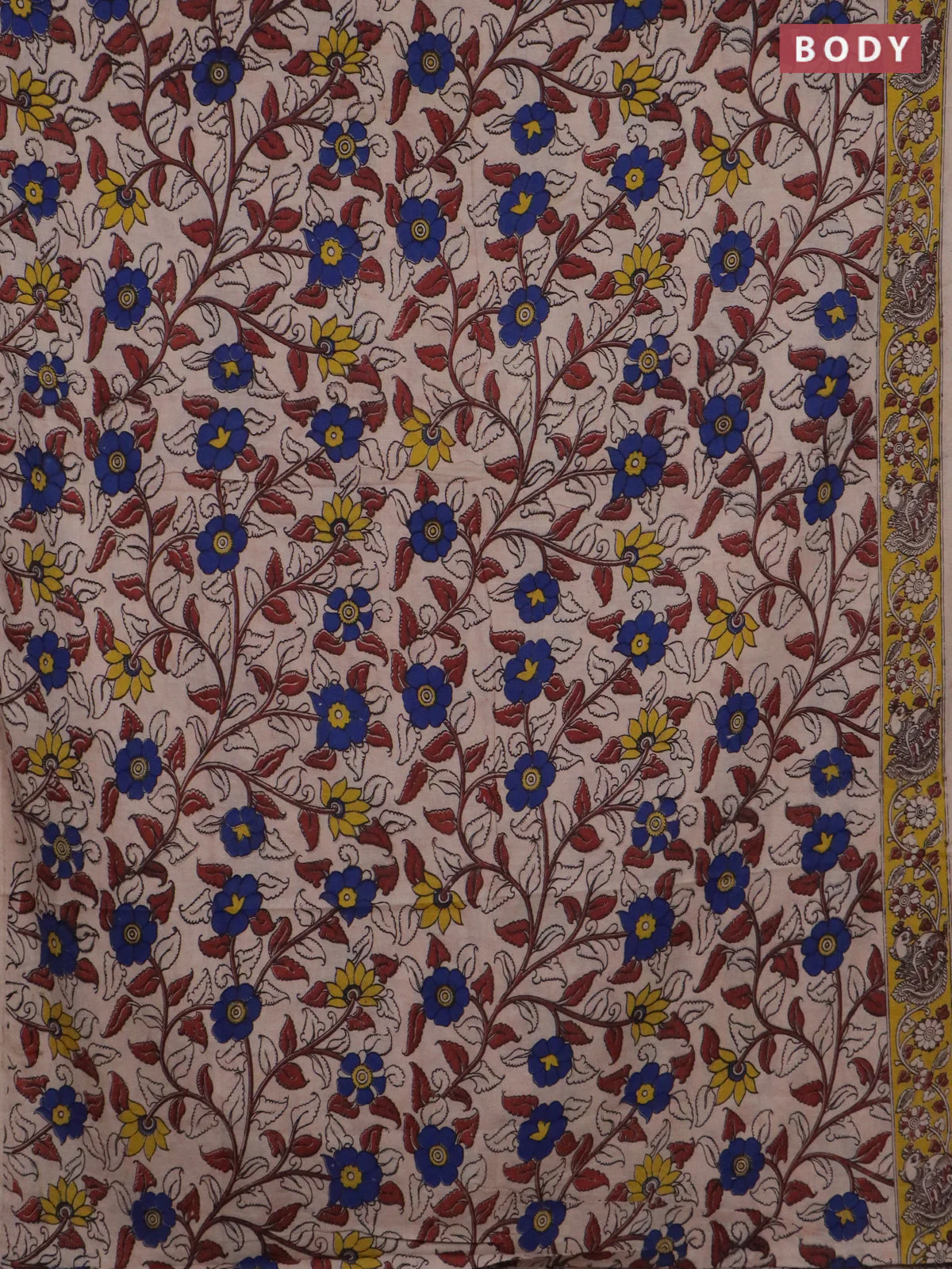 Kalamkari cotton saree beige and yellow with allover prints and printed border - Image 2