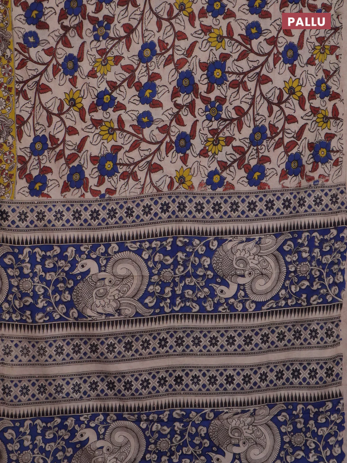Kalamkari cotton saree beige and yellow with allover prints and printed border - Image 3