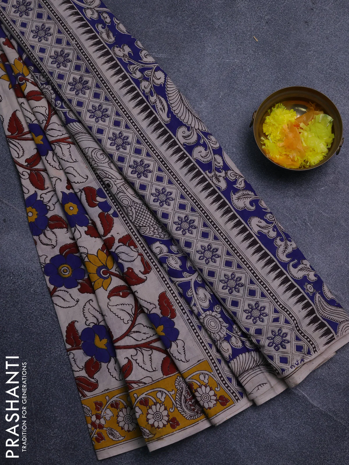 Kalamkari cotton saree beige and yellow with allover prints and printed border
