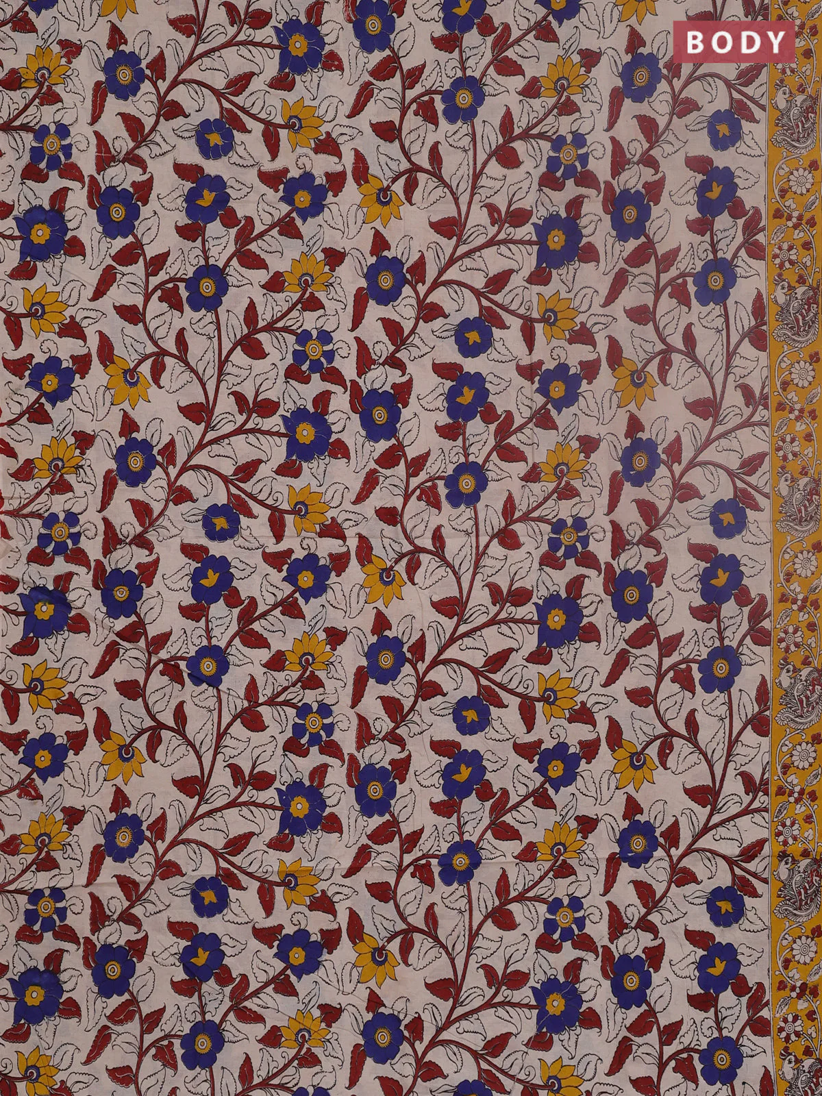 Kalamkari cotton saree beige and yellow with allover prints and printed border - Image 2