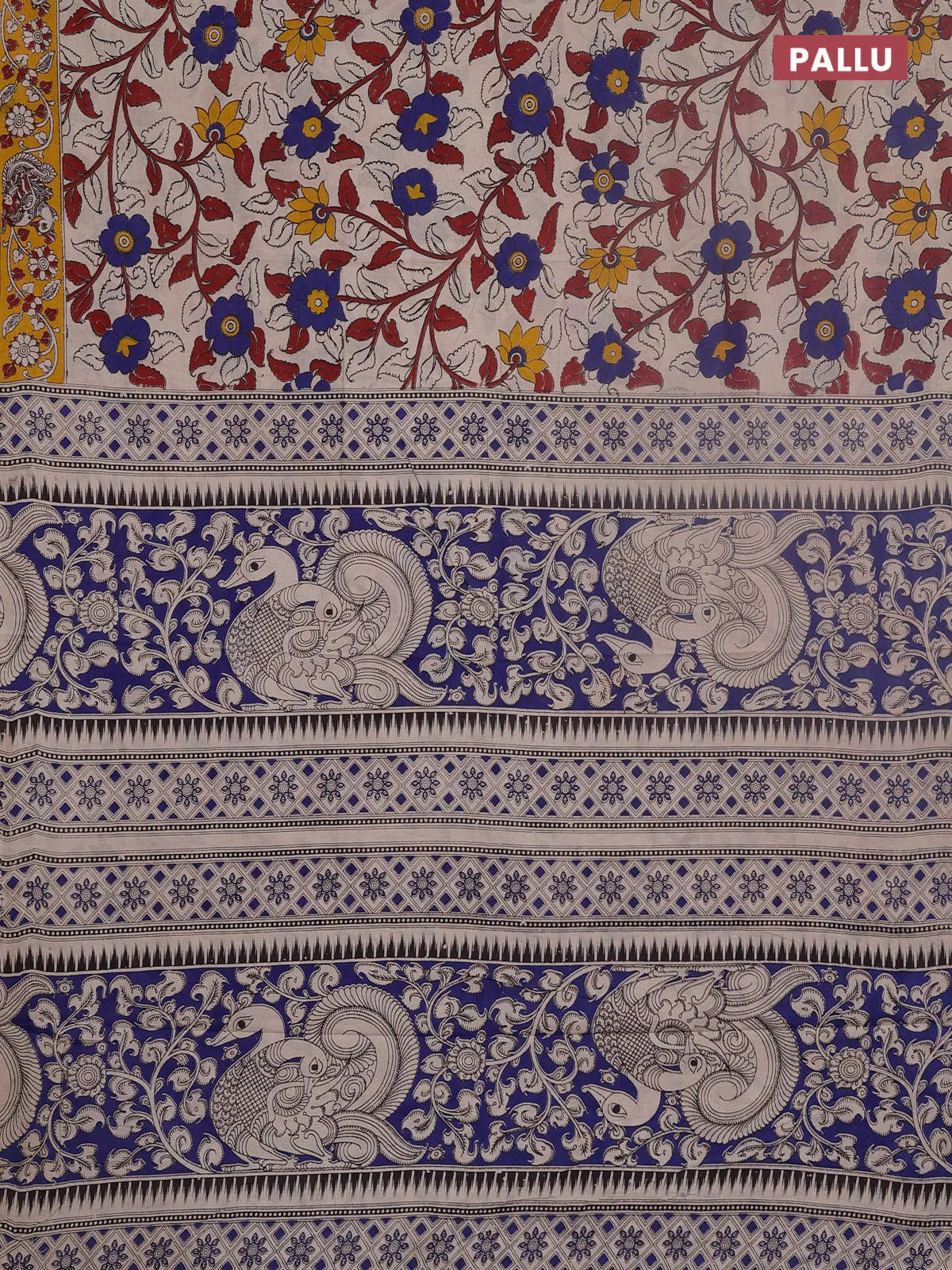 Kalamkari cotton saree beige and yellow with allover prints and printed border - Image 3