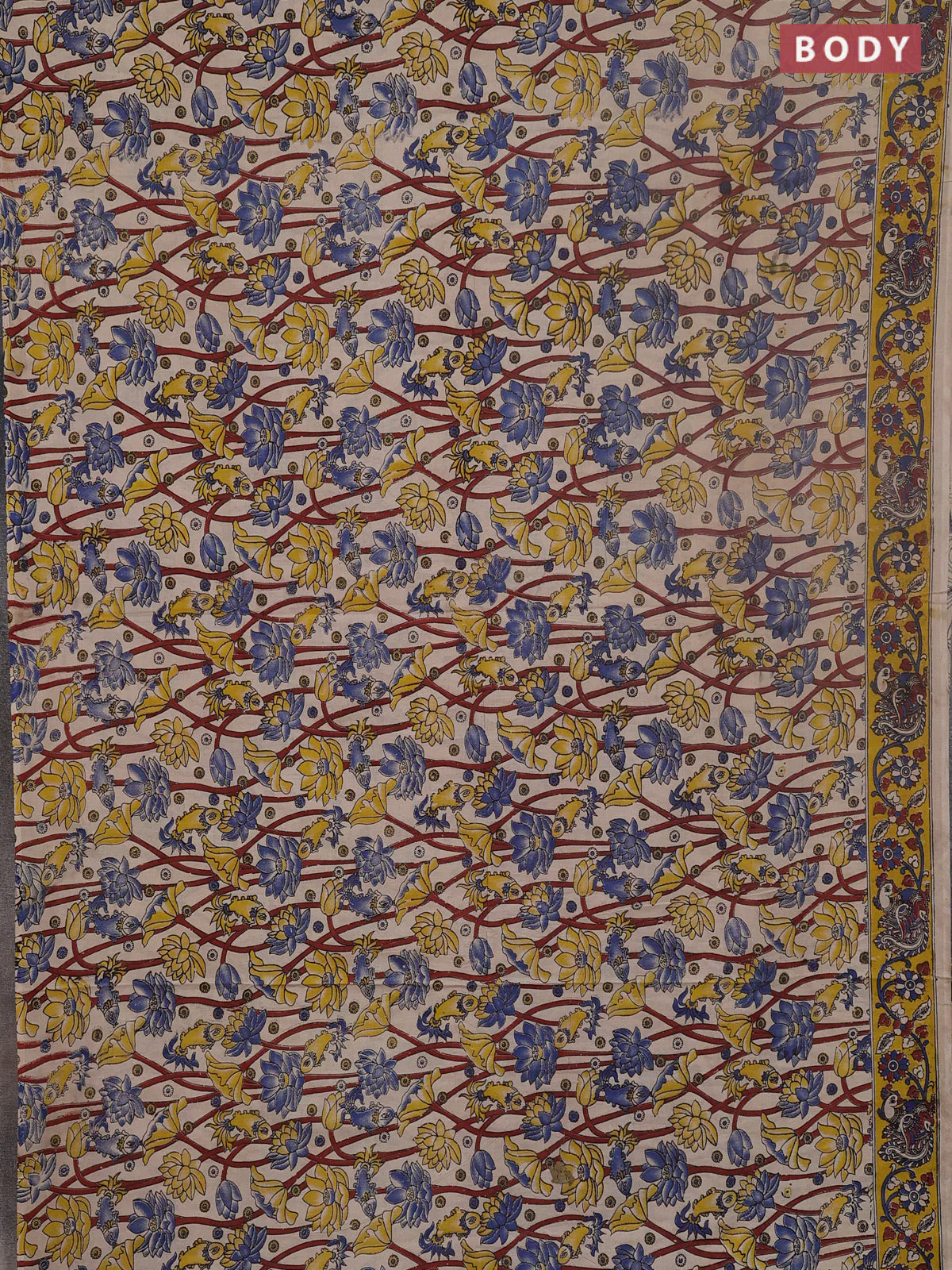 Kalamkari cotton saree beige and yellow with allover prints and printed border - Image 2