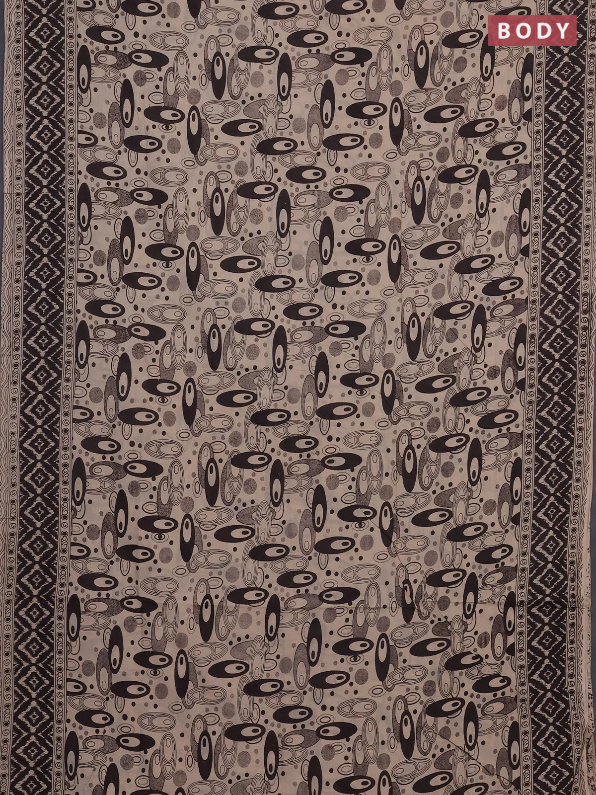Kalamkari cotton saree black and beige with allover geomatric prints and printed border - Image 2