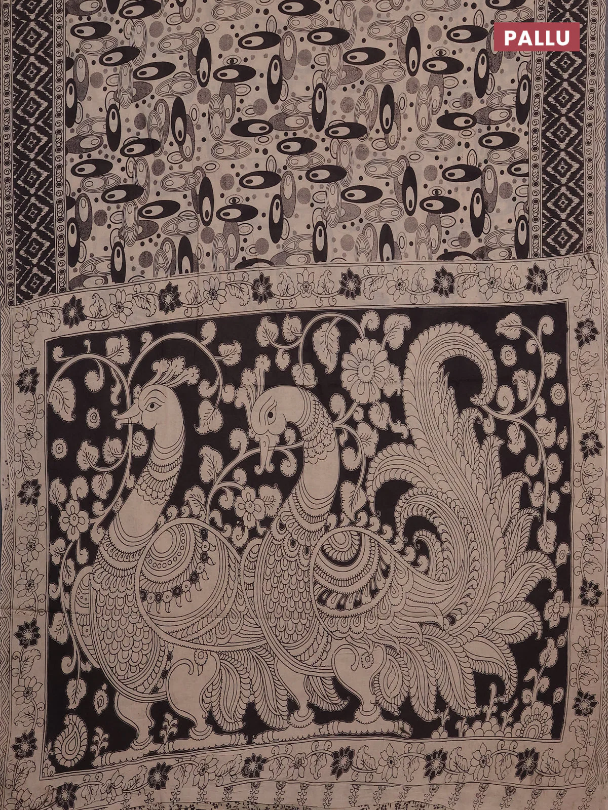 Kalamkari cotton saree black and beige with allover geomatric prints and printed border - Image 3