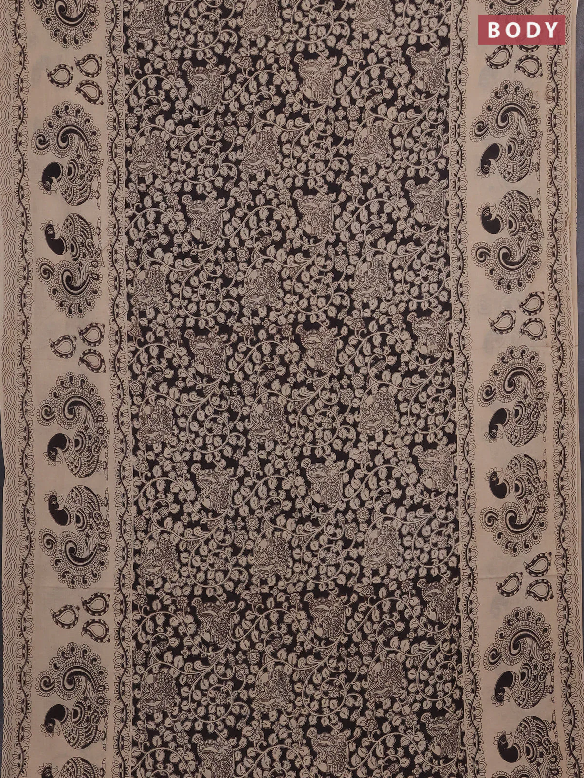 Kalamkari cotton saree black and beige with allover prints and long printed border - Image 2