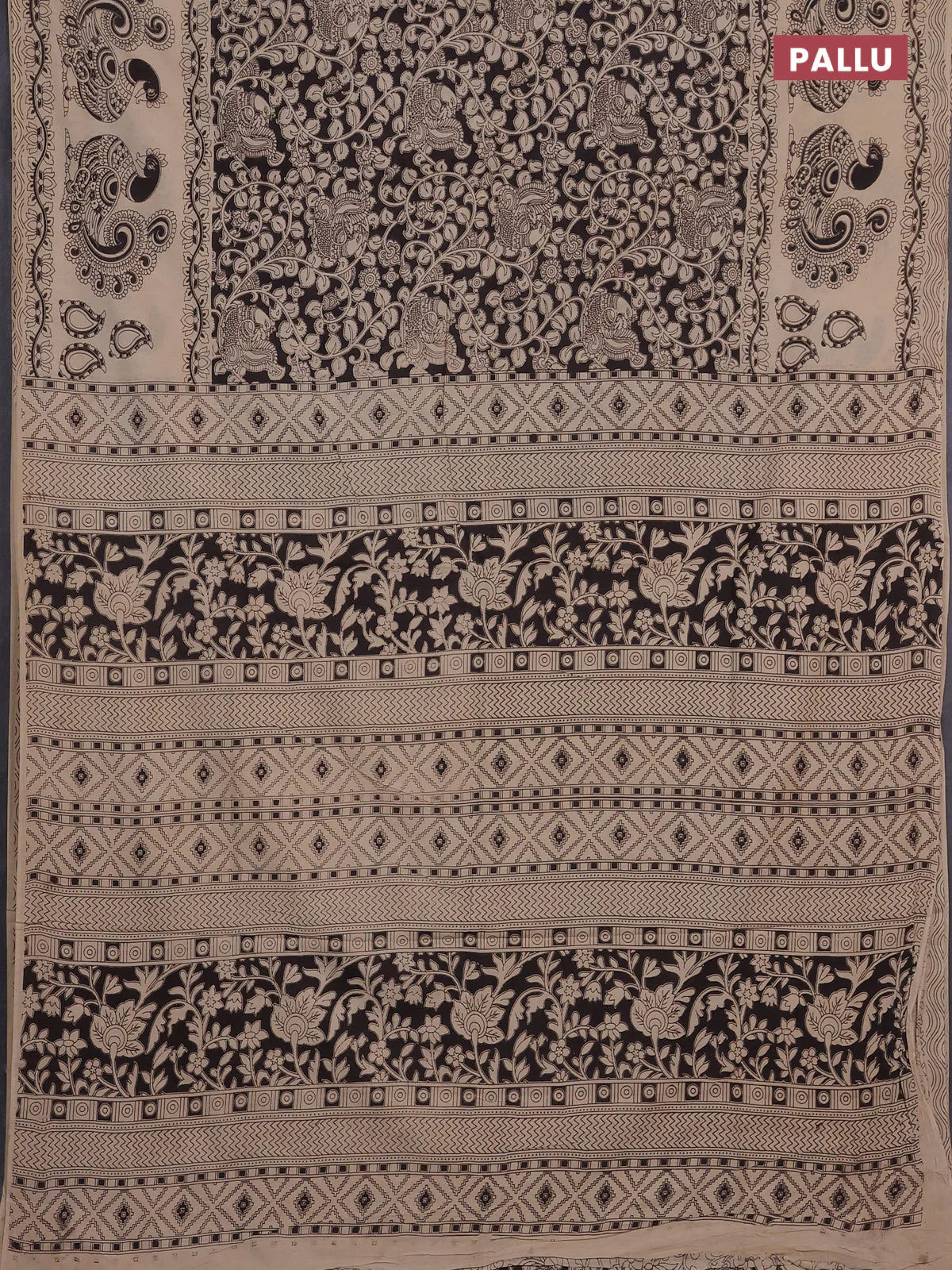 Kalamkari cotton saree black and beige with allover prints and long printed border - Image 3