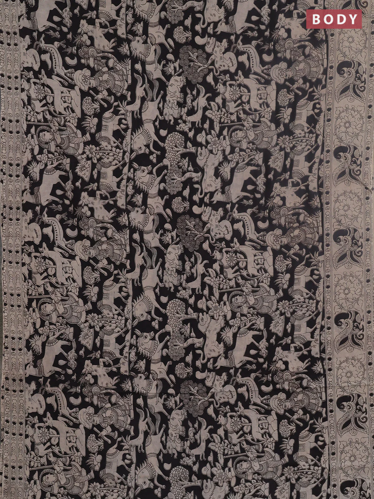 Kalamkari cotton saree black and beige with allover prints and printed border - Image 2