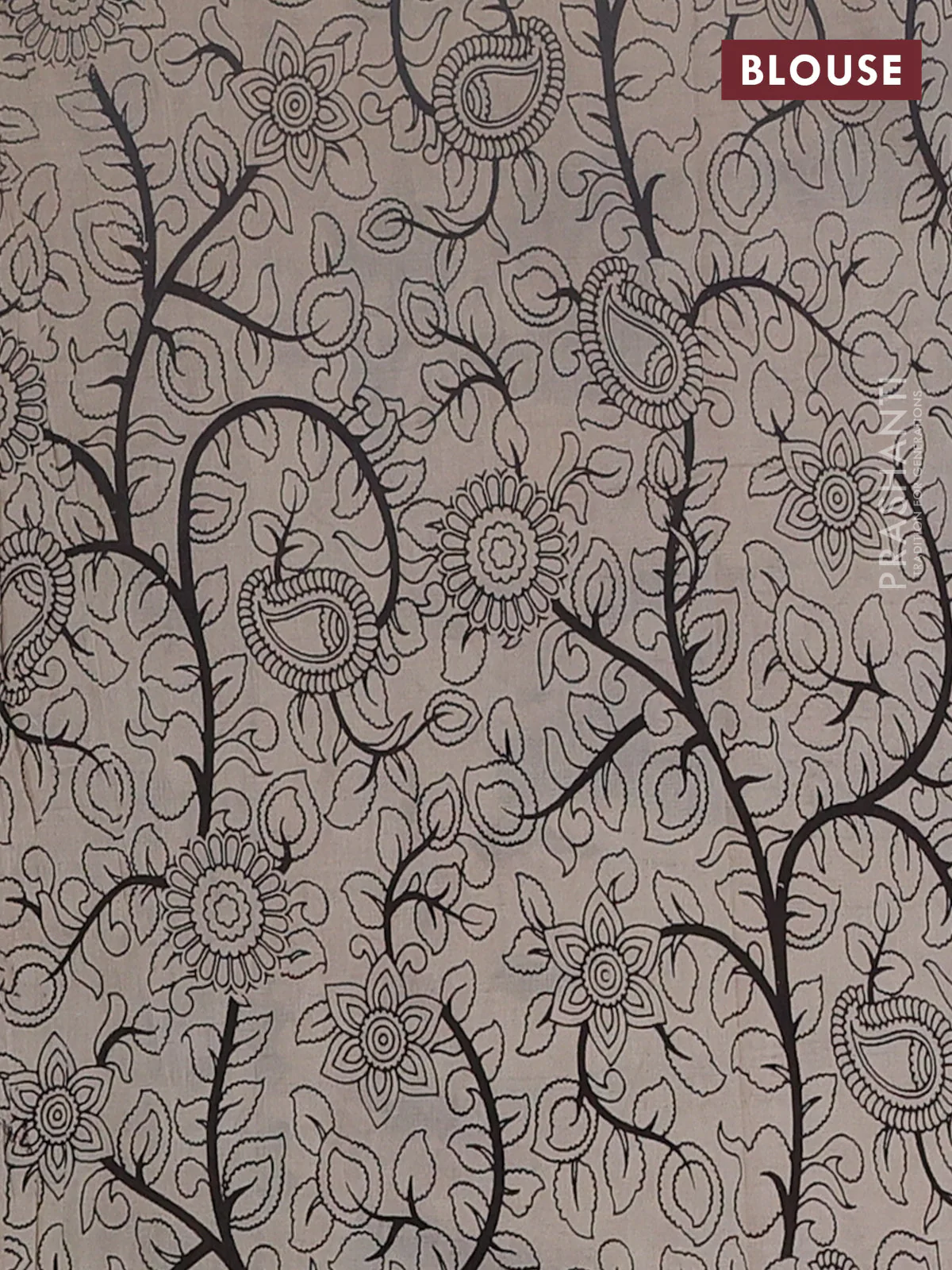 Kalamkari cotton saree black and beige with allover prints and printed border - Image 4