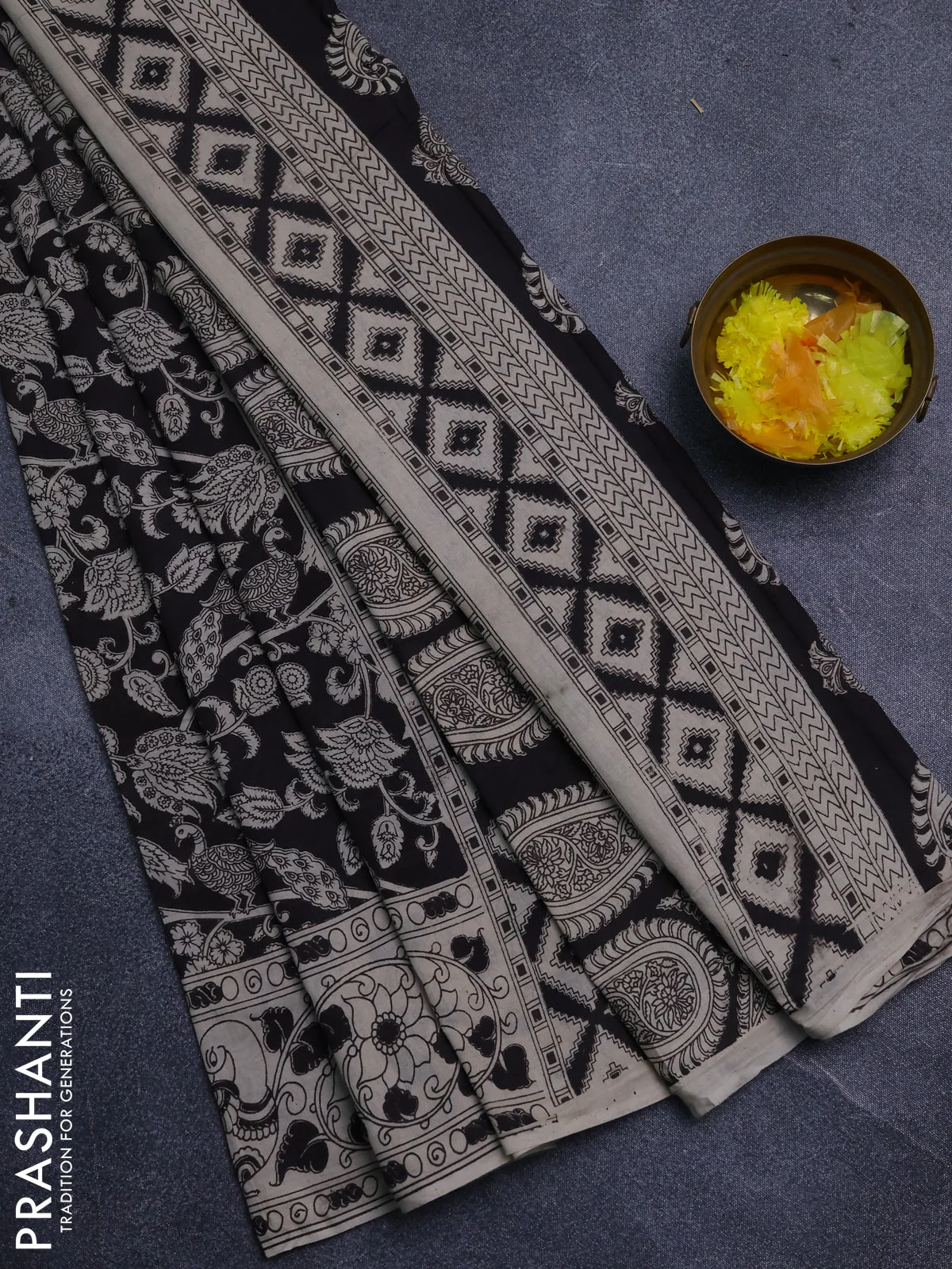 Kalamkari cotton saree black and beige with allover prints and printed border