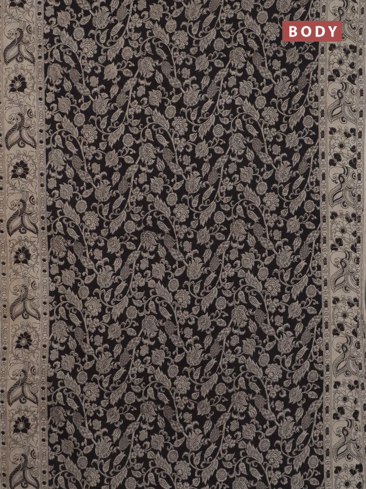 Kalamkari cotton saree black and beige with allover prints and printed border - Image 2