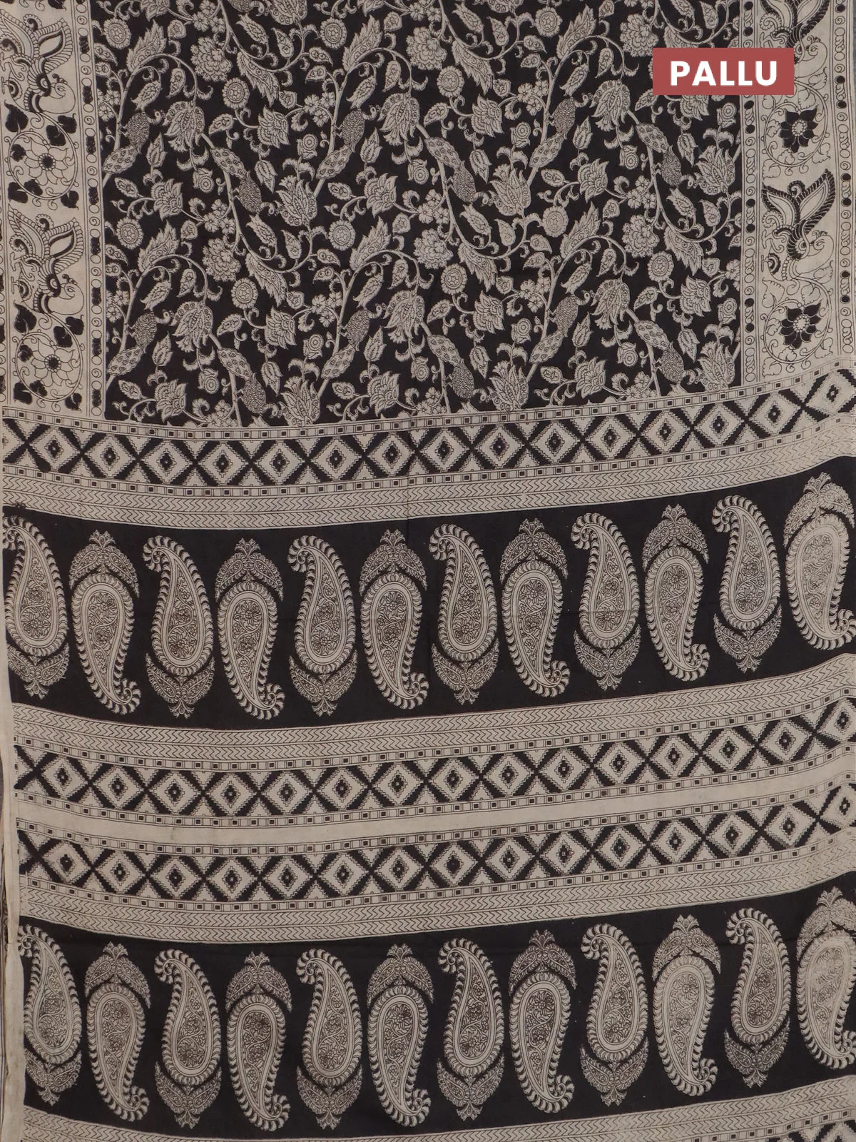 Kalamkari cotton saree black and beige with allover prints and printed border - Image 3