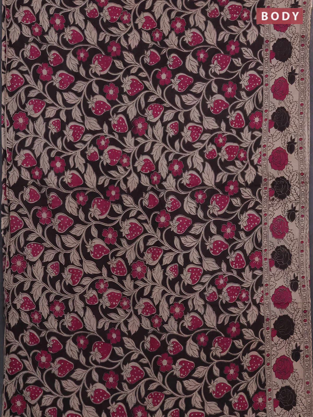 Kalamkari cotton saree black and beige with allover prints and printed border - Image 2