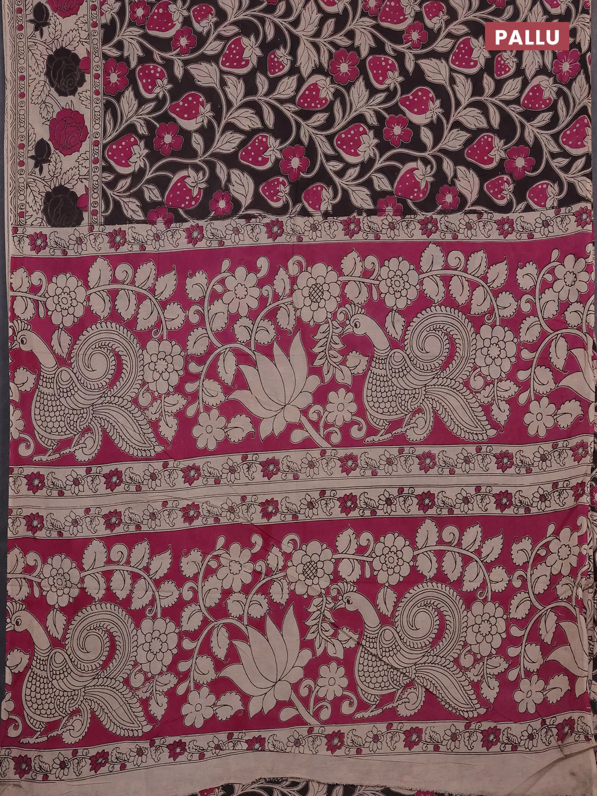Kalamkari cotton saree black and beige with allover prints and printed border - Image 3