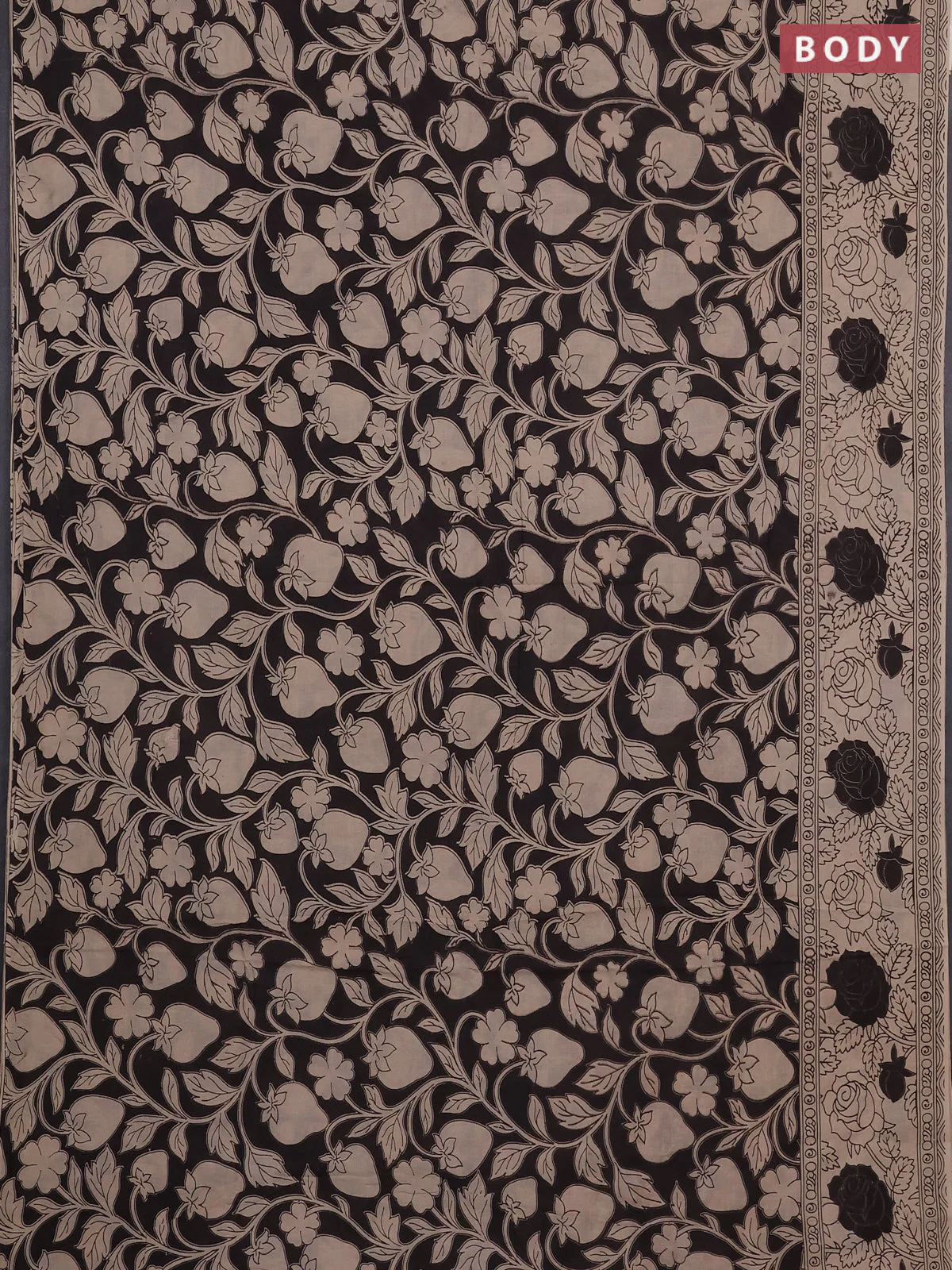 Kalamkari cotton saree black and beige with allover prints and printed border - Image 2