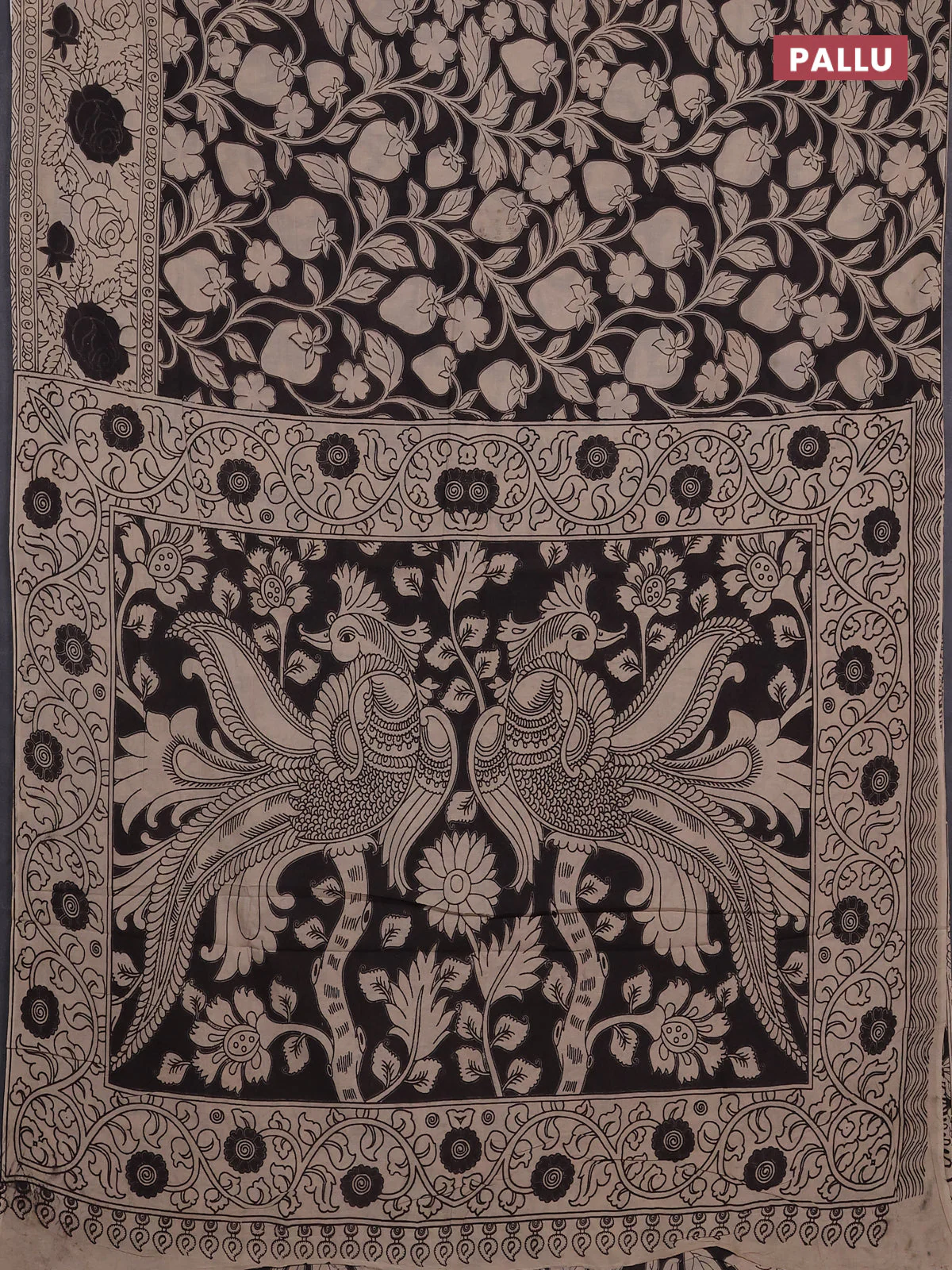 Kalamkari cotton saree black and beige with allover prints and printed border - Image 3