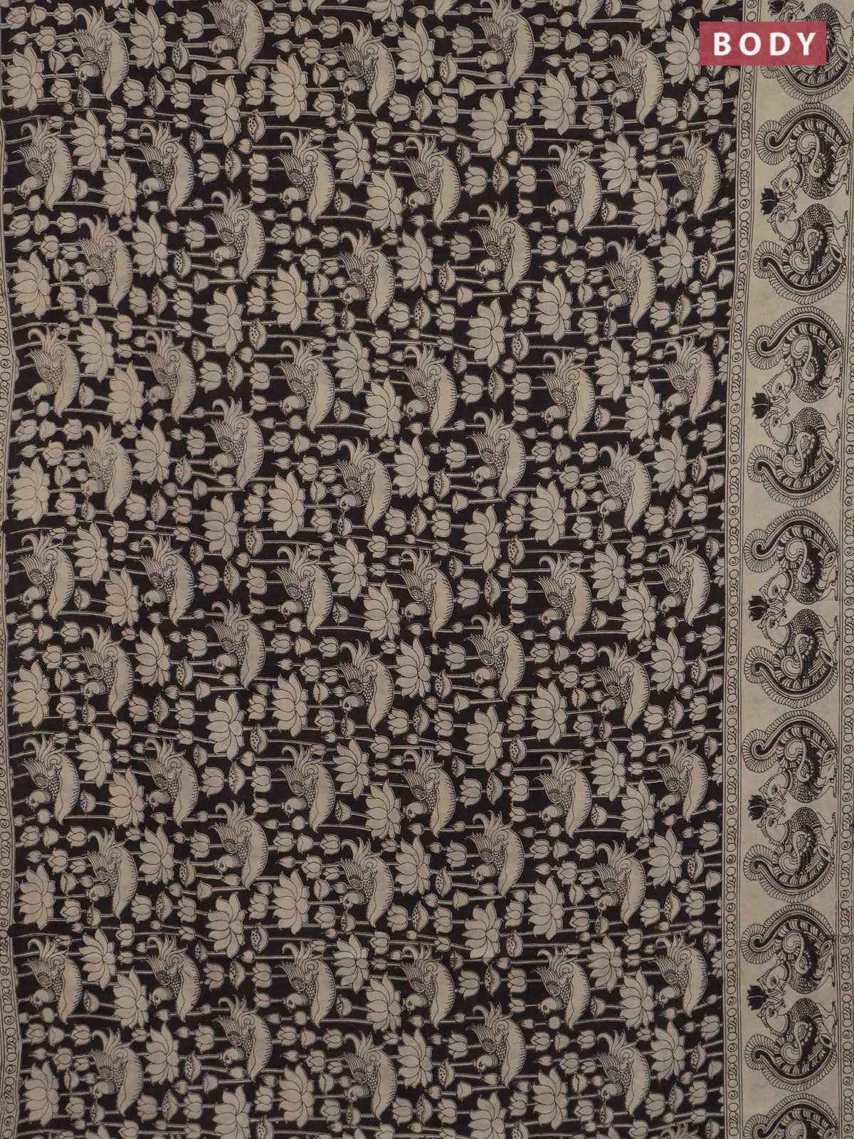 Kalamkari cotton saree black and beige with allover prints and printed border - Image 2