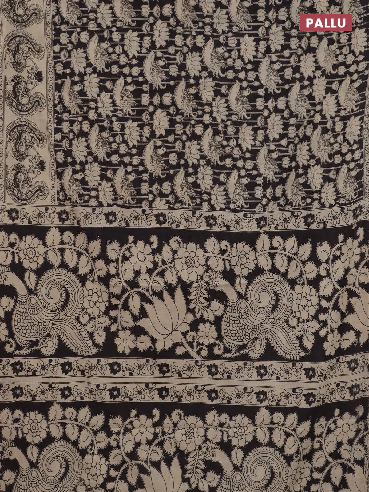 Kalamkari cotton saree black and beige with allover prints and printed border - Image 3