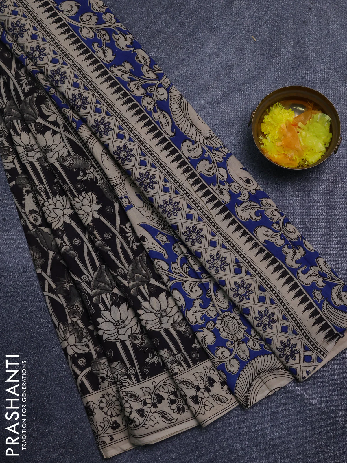 Kalamkari cotton saree black and beige with allover prints and printed border