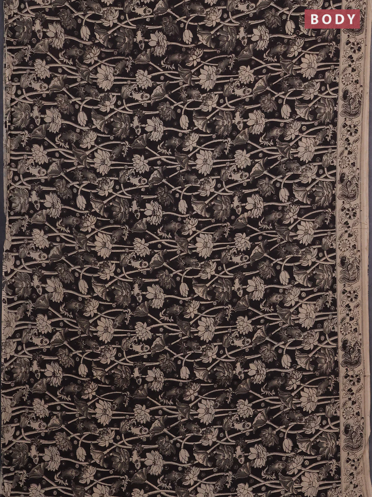 Kalamkari cotton saree black and beige with allover prints and printed border - Image 2