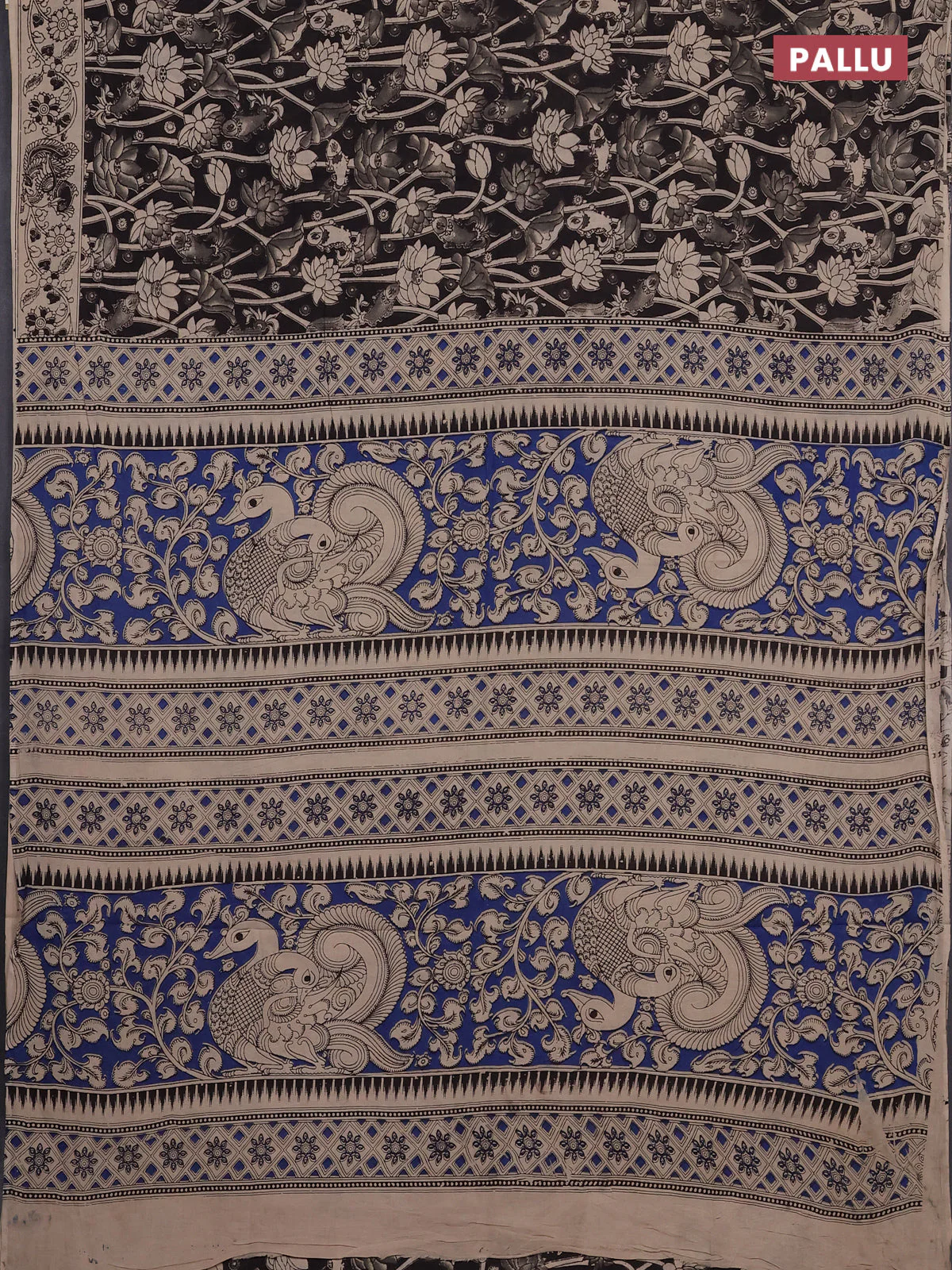 Kalamkari cotton saree black and beige with allover prints and printed border - Image 3