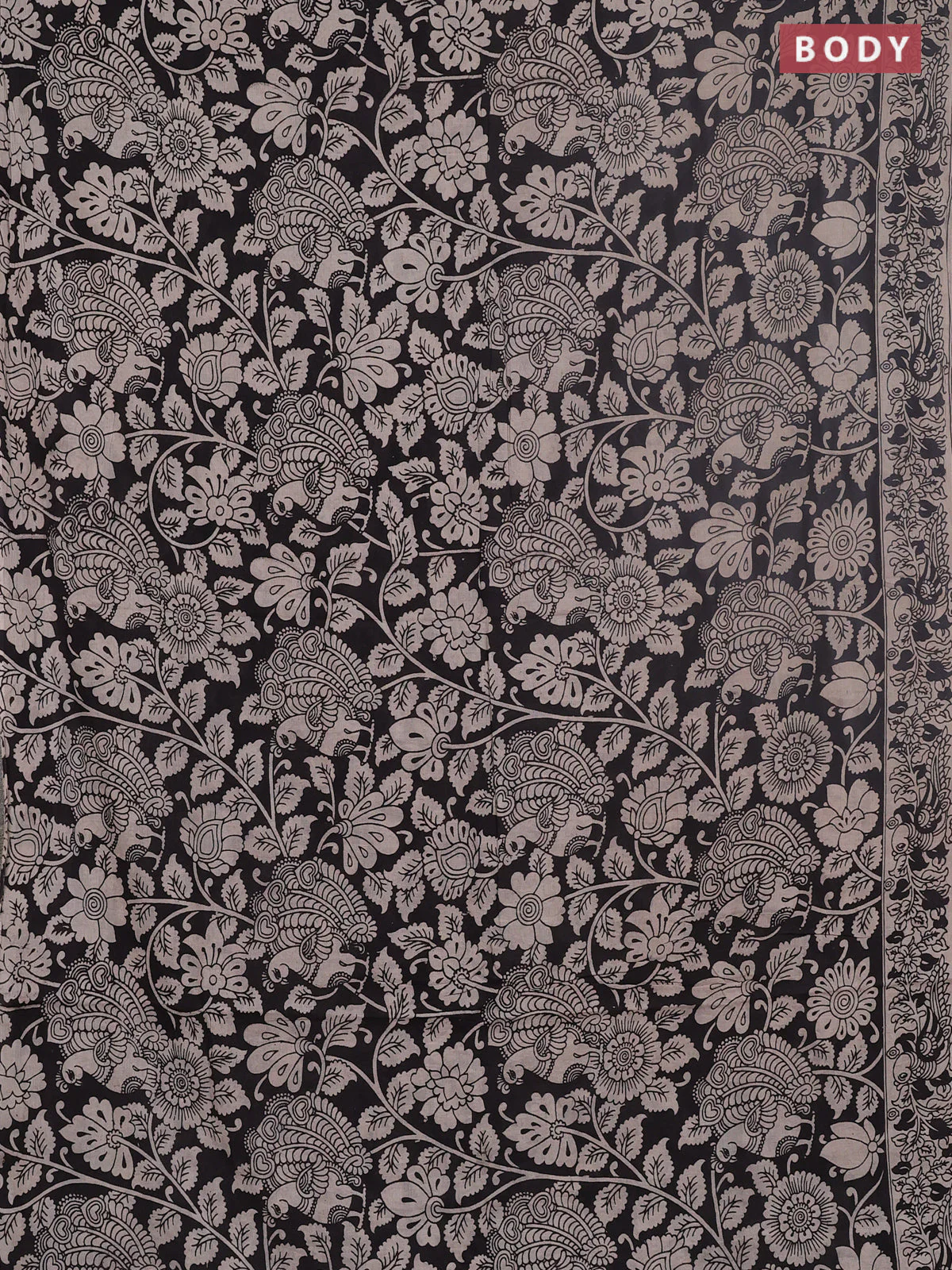 Kalamkari cotton saree black and beige with allover prints and printed border - Image 2