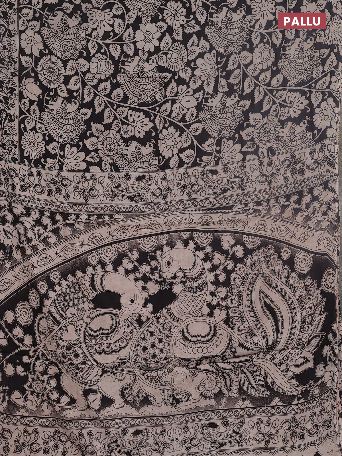 Kalamkari cotton saree black and beige with allover prints and printed border - Image 3