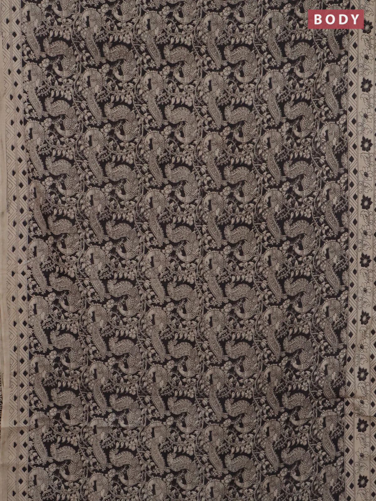 Kalamkari cotton saree black and beige with allover prints and printed border - Image 2
