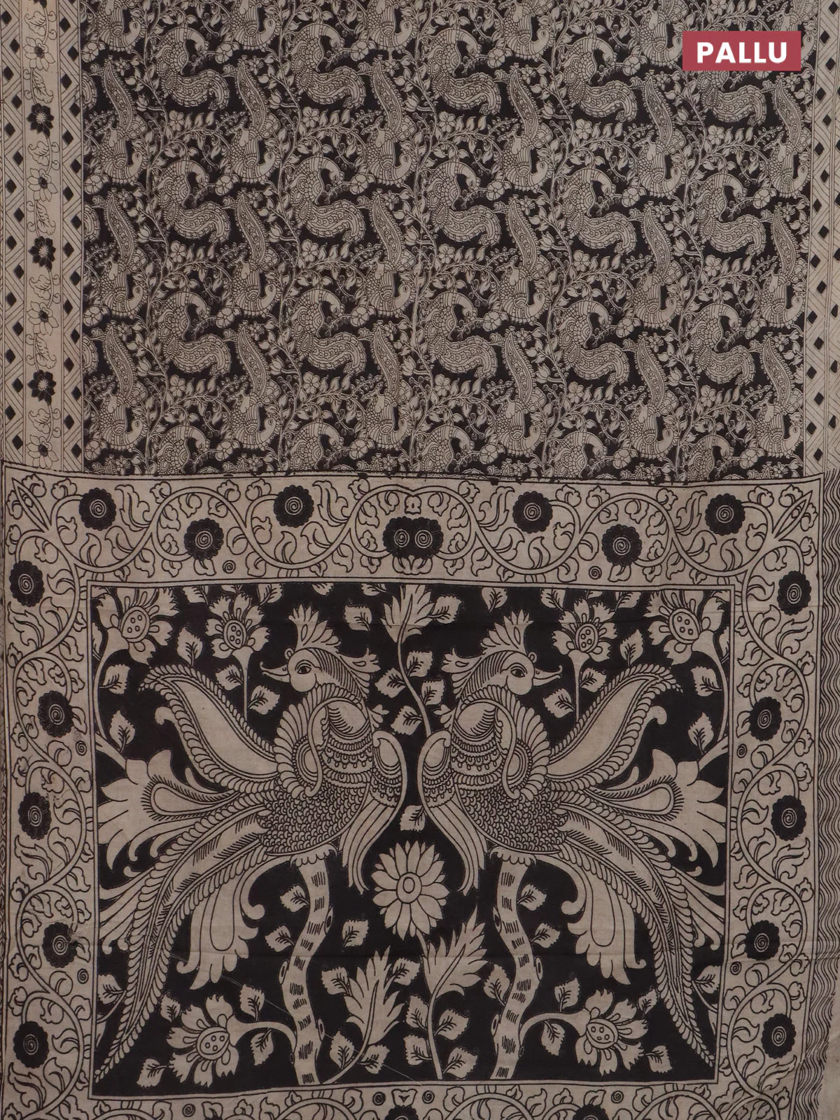 Kalamkari cotton saree black and beige with allover prints and printed border - Image 3
