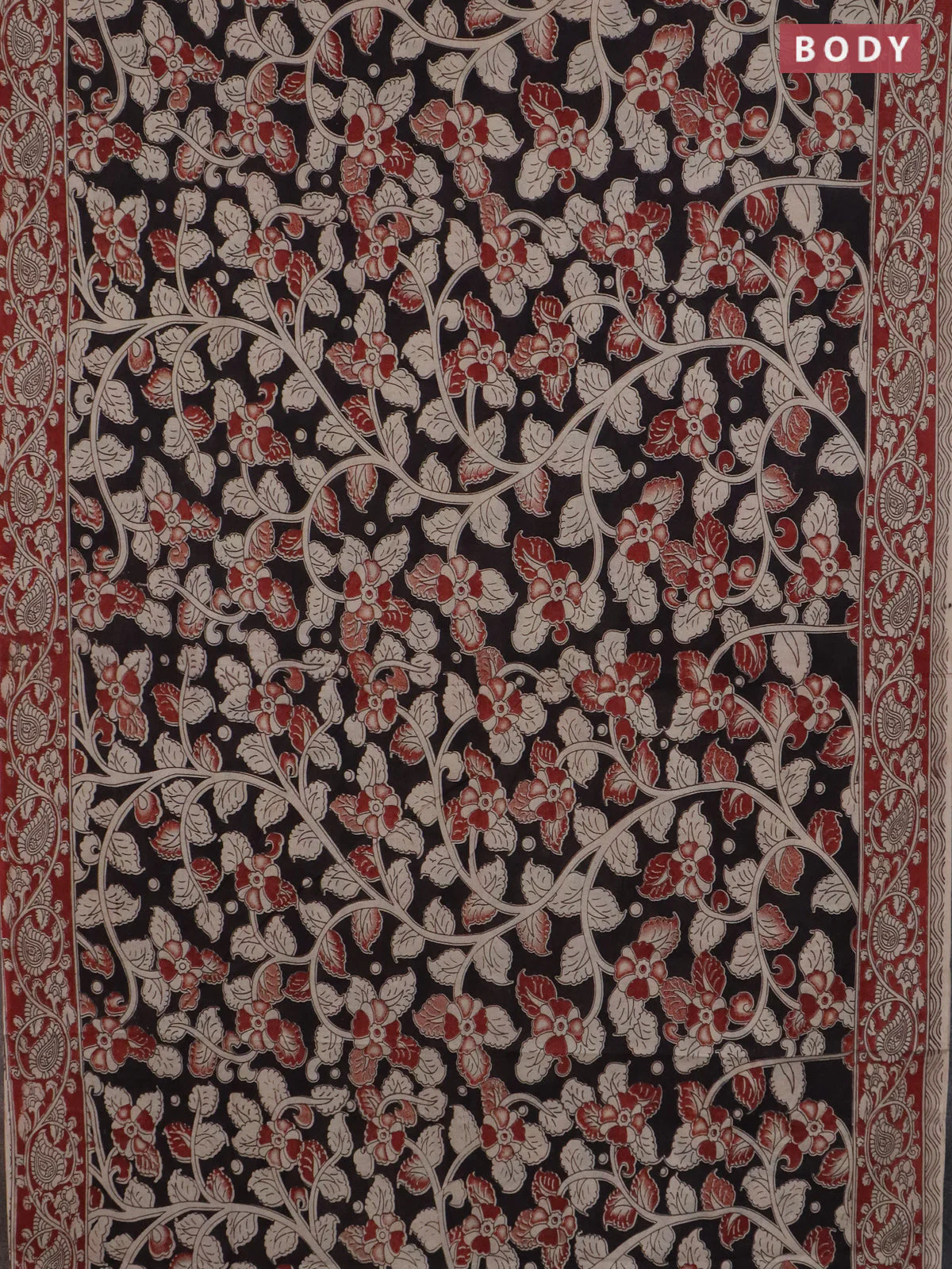 Kalamkari cotton saree black and beige with allover prints and printed border - Image 2