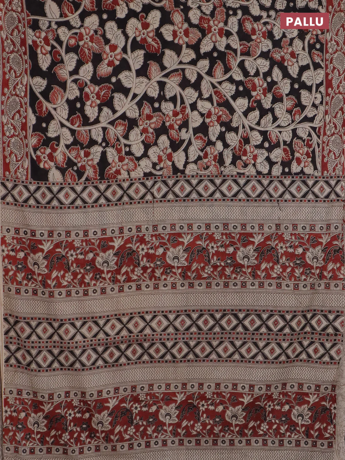 Kalamkari cotton saree black and beige with allover prints and printed border - Image 3