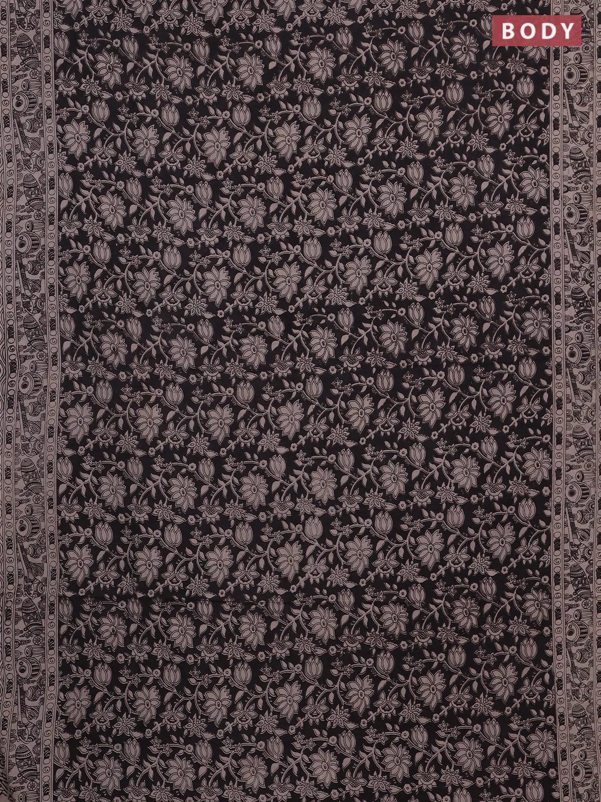 Kalamkari cotton saree black and beige with allover prints and printed border - Image 2