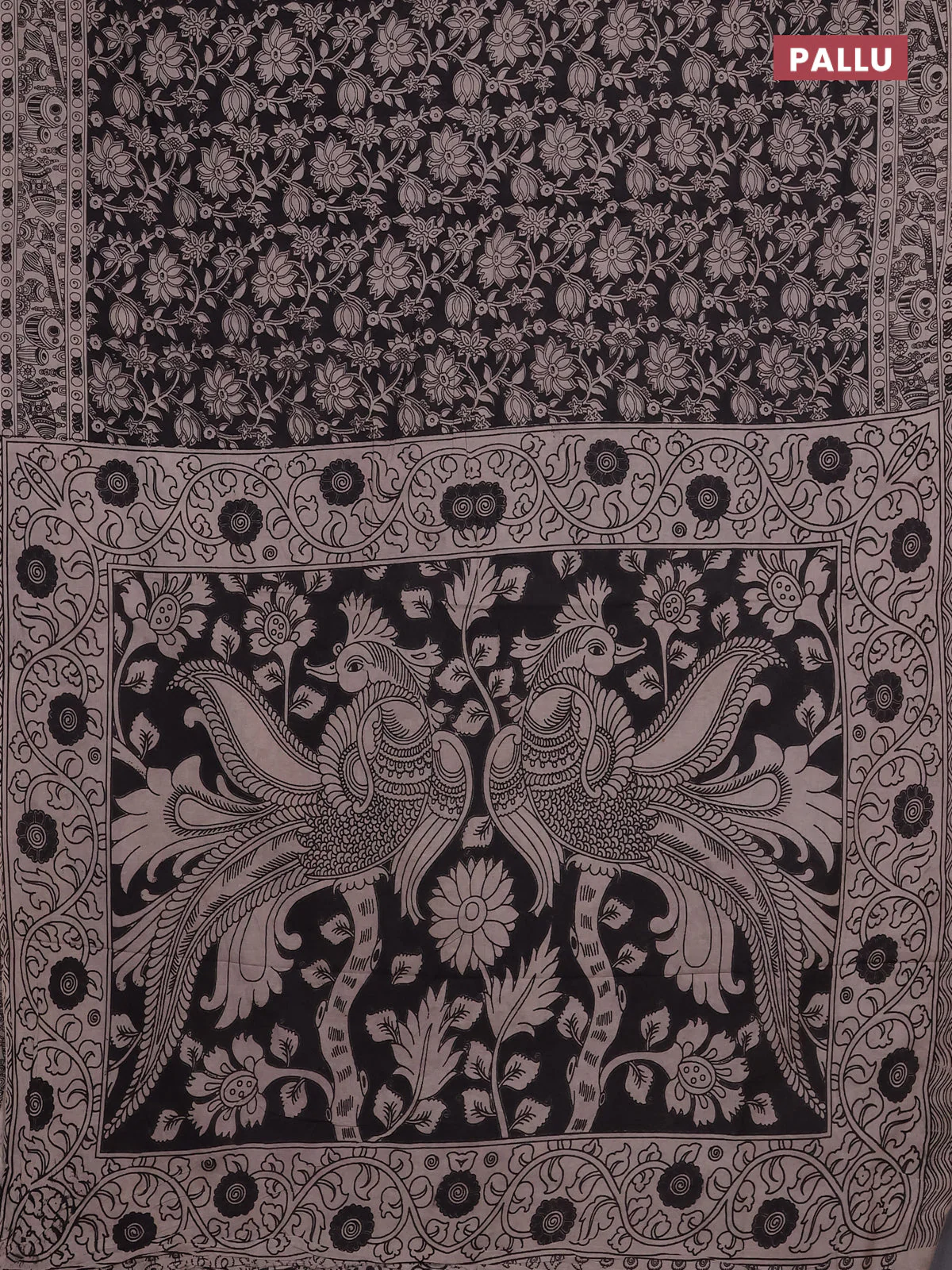 Kalamkari cotton saree black and beige with allover prints and printed border - Image 3