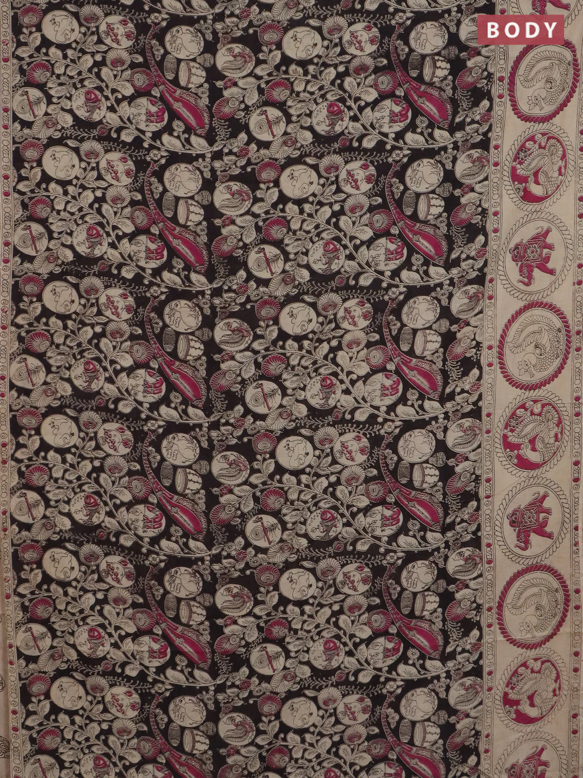 Kalamkari cotton saree black and beige with allover prints and printed border - Image 2