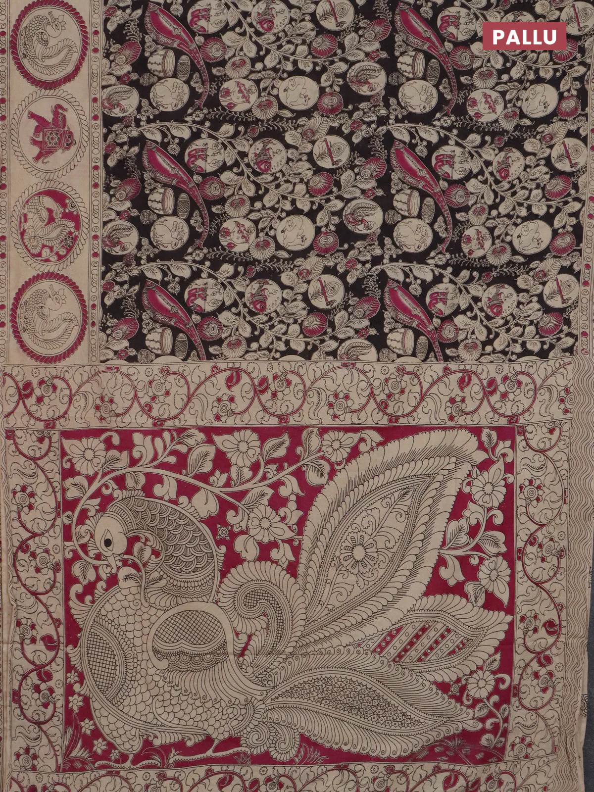 Kalamkari cotton saree black and beige with allover prints and printed border - Image 3