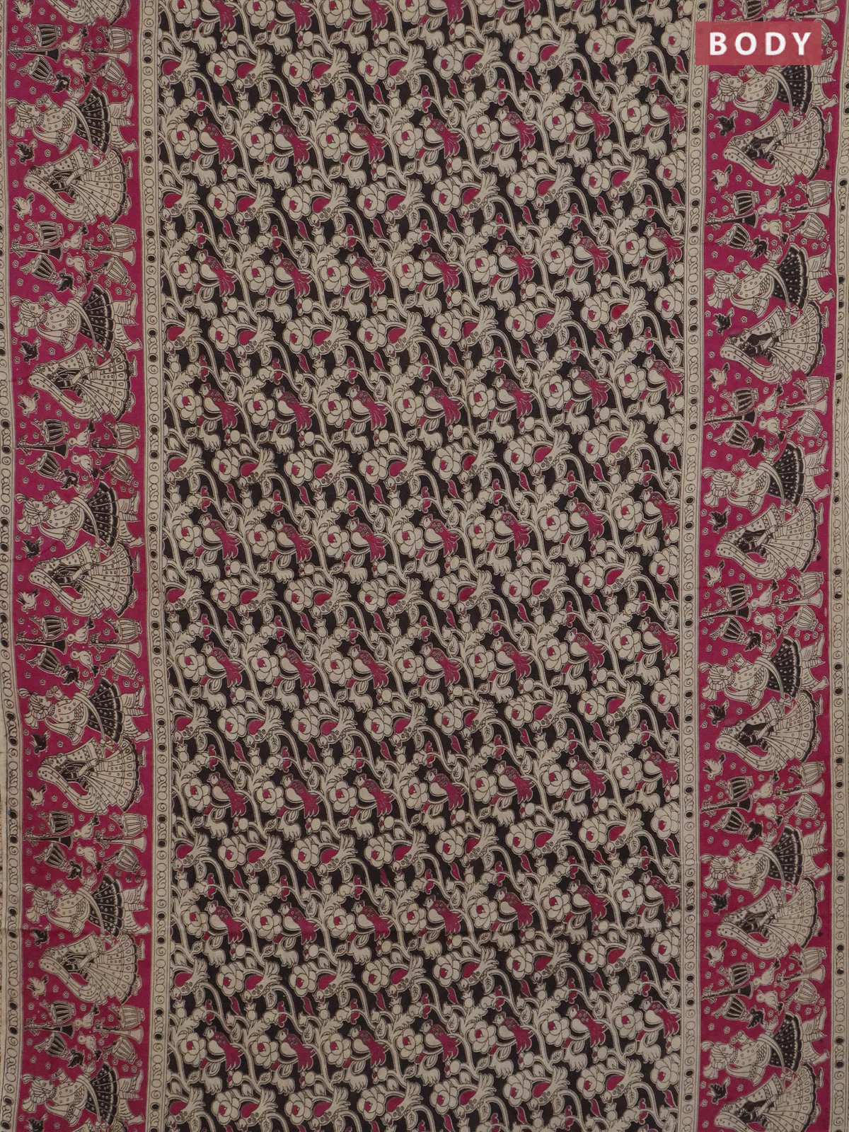 Kalamkari cotton saree black and magenta pink with allover prints and long printed border - Image 2