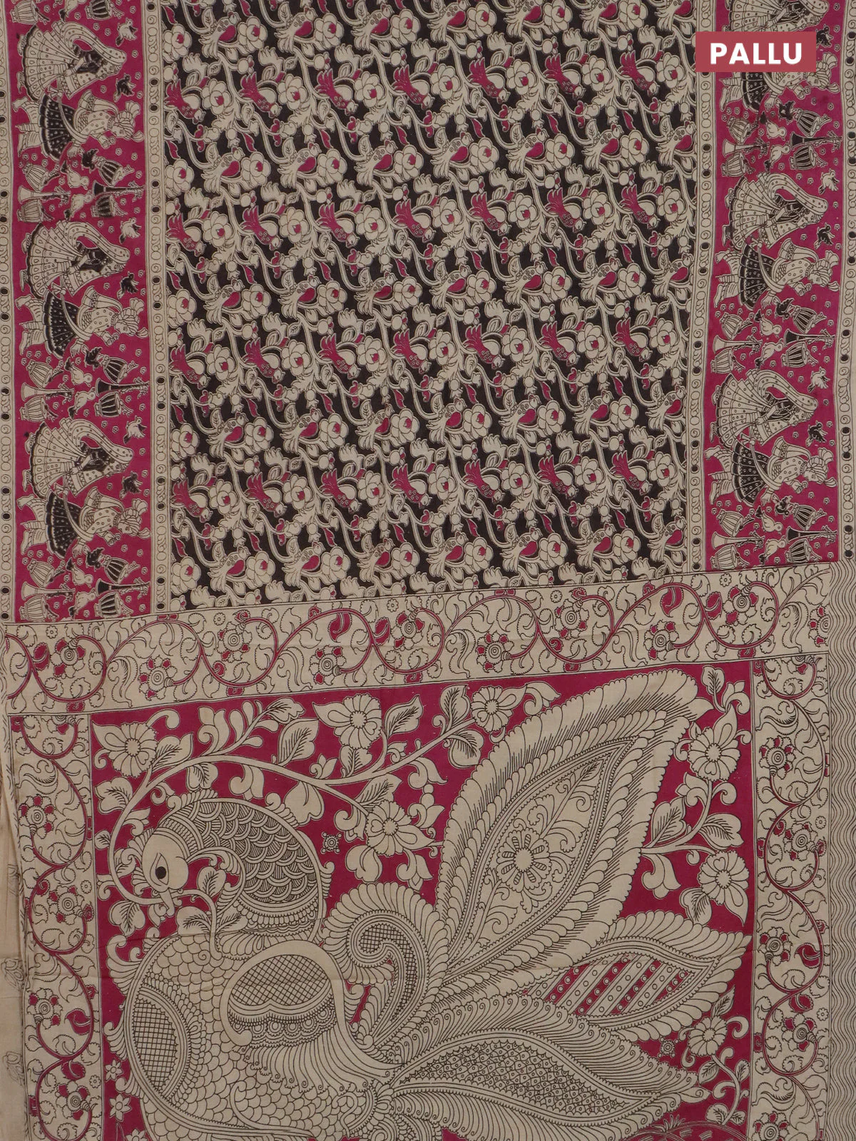 Kalamkari cotton saree black and magenta pink with allover prints and long printed border - Image 3