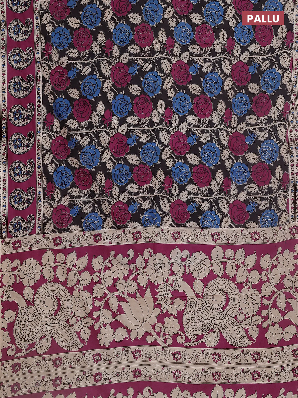 Kalamkari cotton saree black and magenta pink with allover prints and printed border - Image 3
