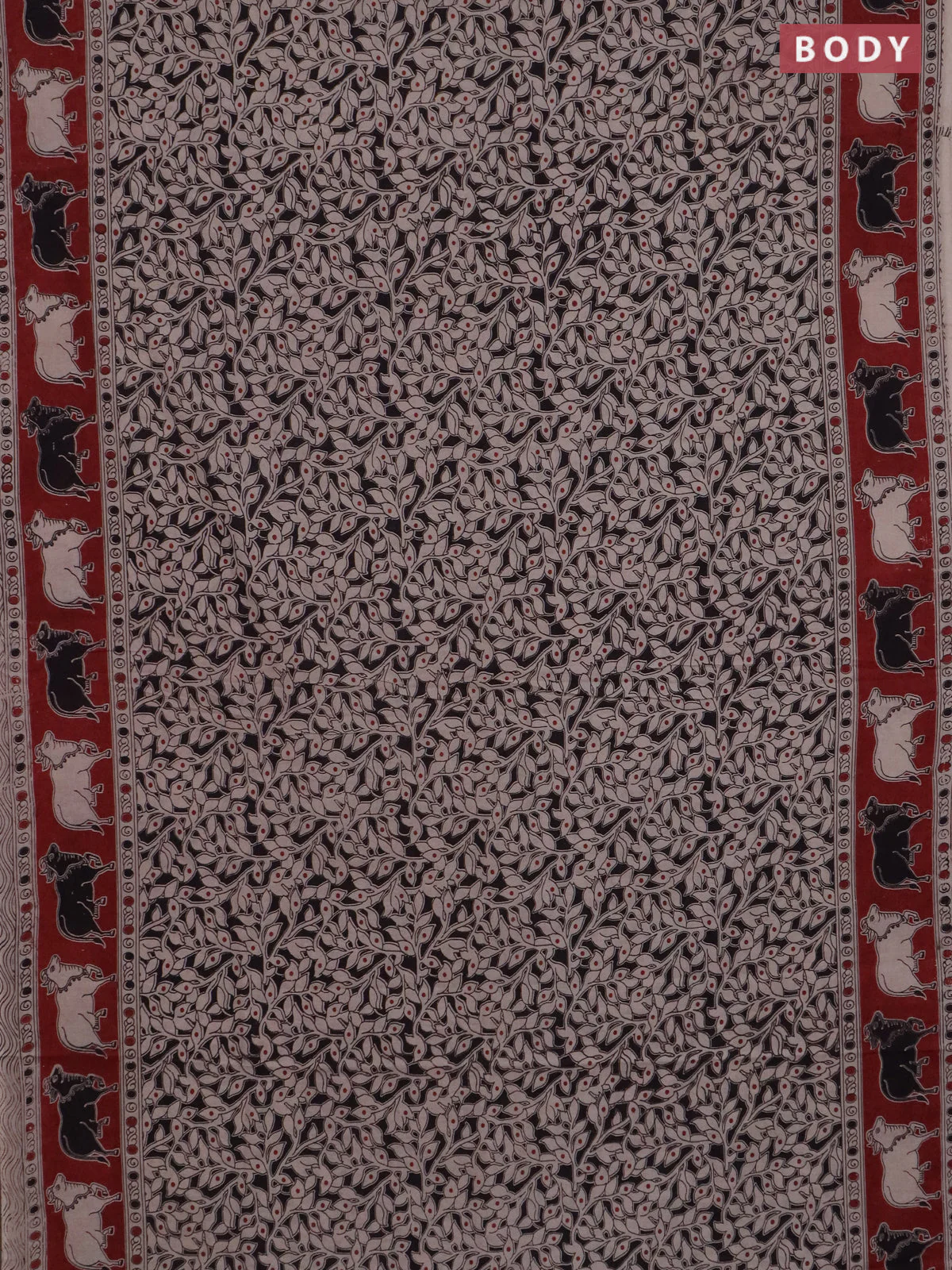 Kalamkari cotton saree black and maroon with allover prints and pichwai border - Image 2