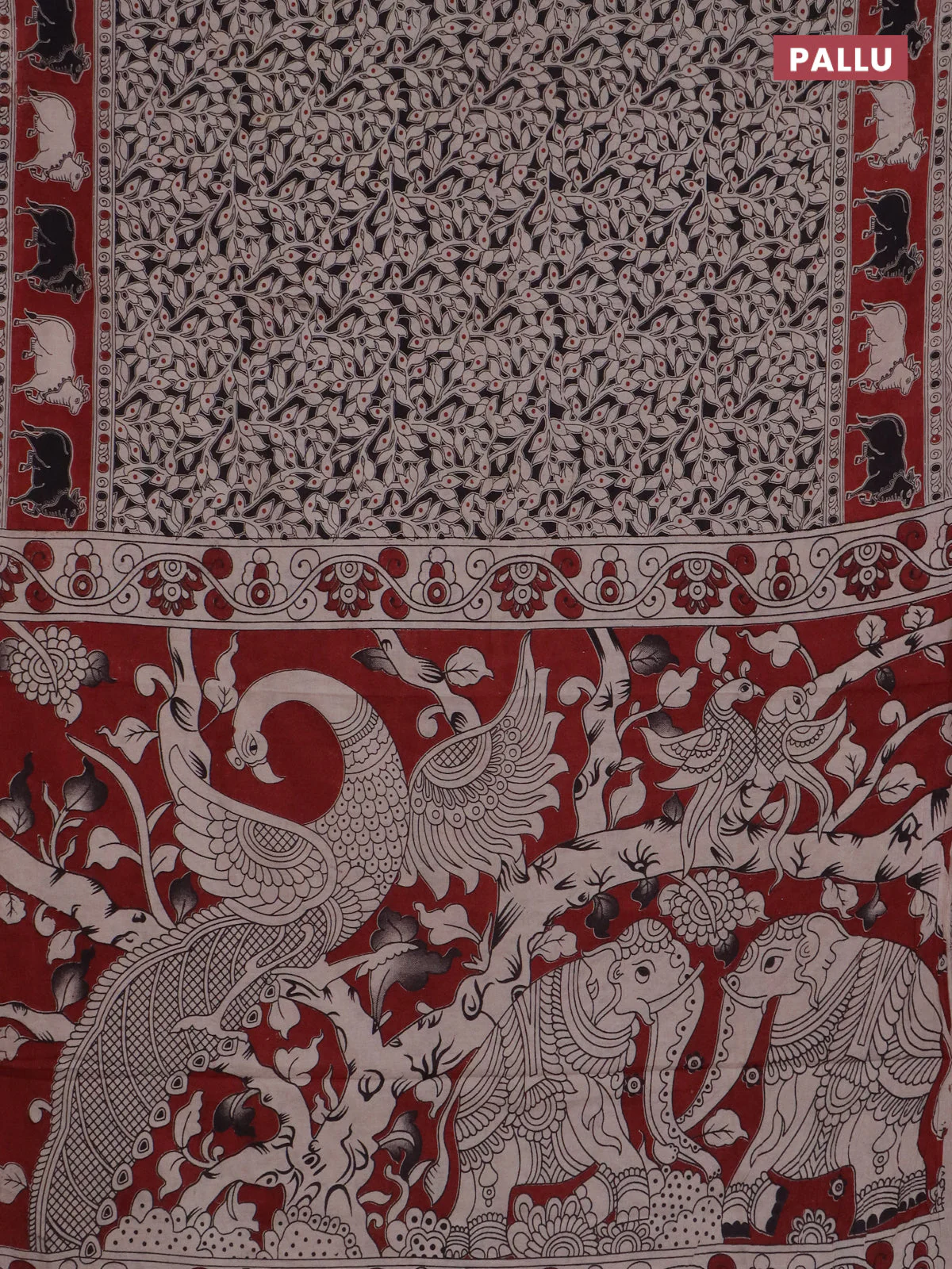 Kalamkari cotton saree black and maroon with allover prints and pichwai border - Image 3