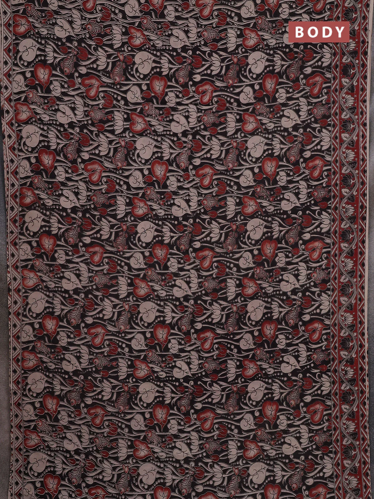 Kalamkari cotton saree black and maroon with allover prints and printed border - Image 2