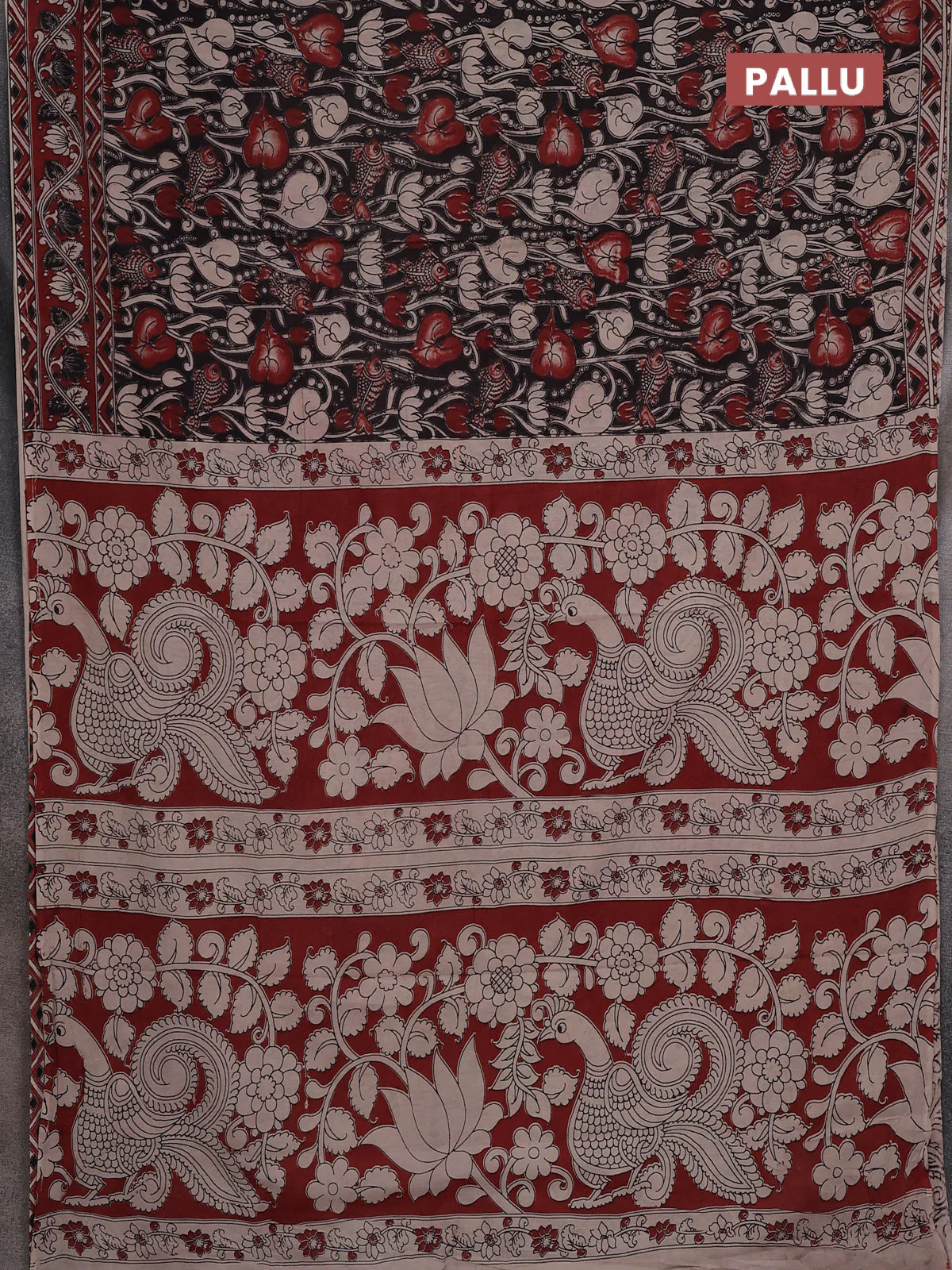 Kalamkari cotton saree black and maroon with allover prints and printed border - Image 3