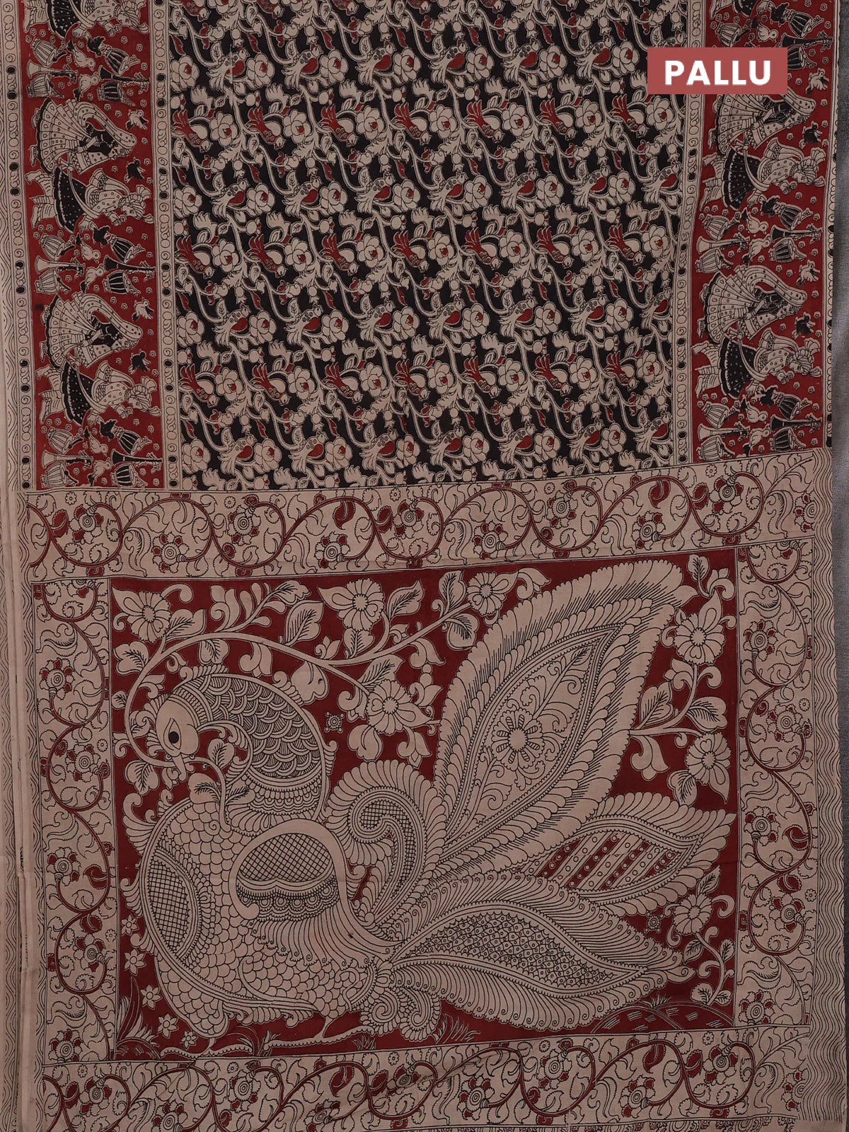 Kalamkari cotton saree black and maroon with allover prints and printed border - Image 3