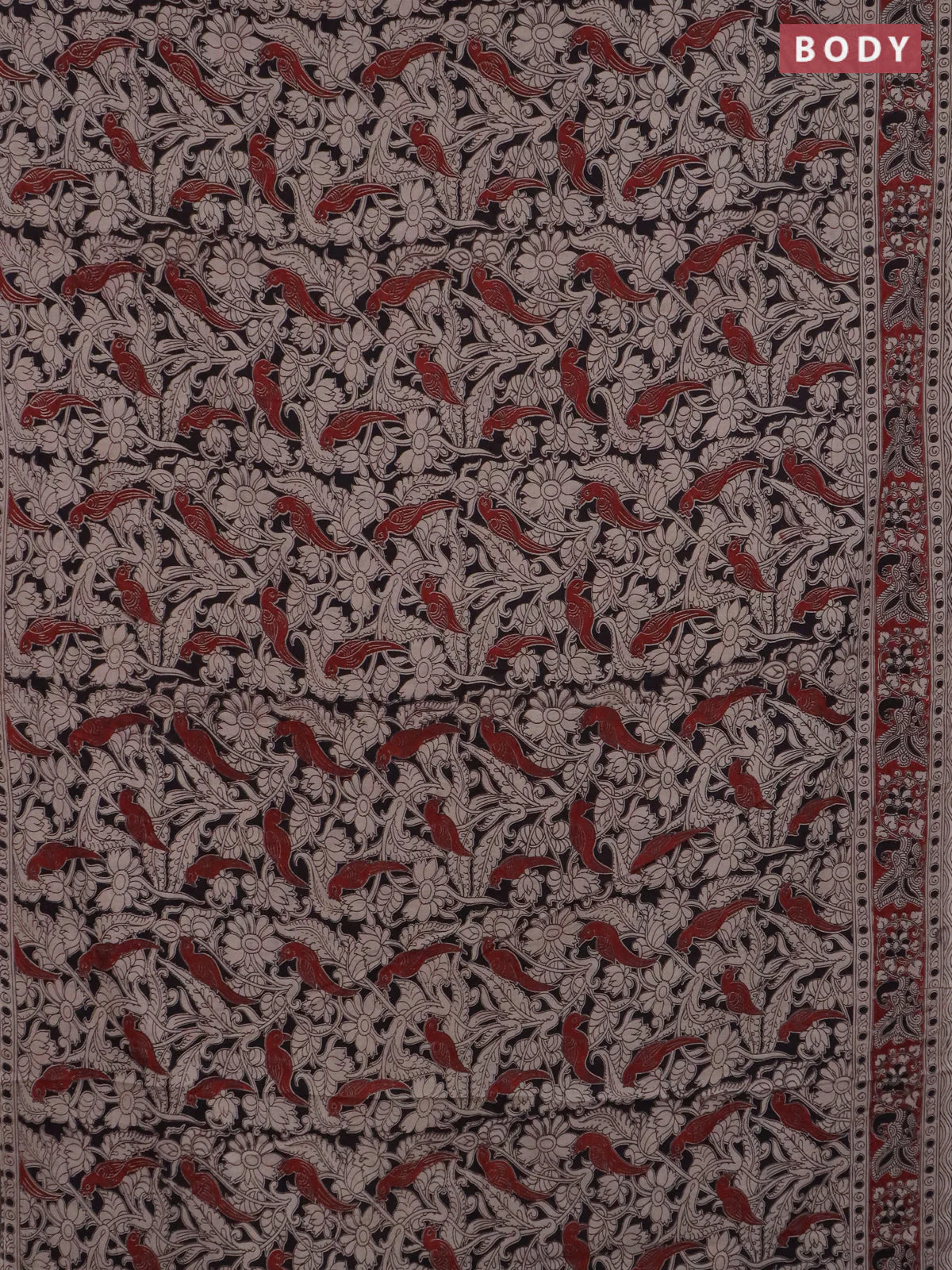 Kalamkari cotton saree black and maroon with allover prints and printed border - Image 2