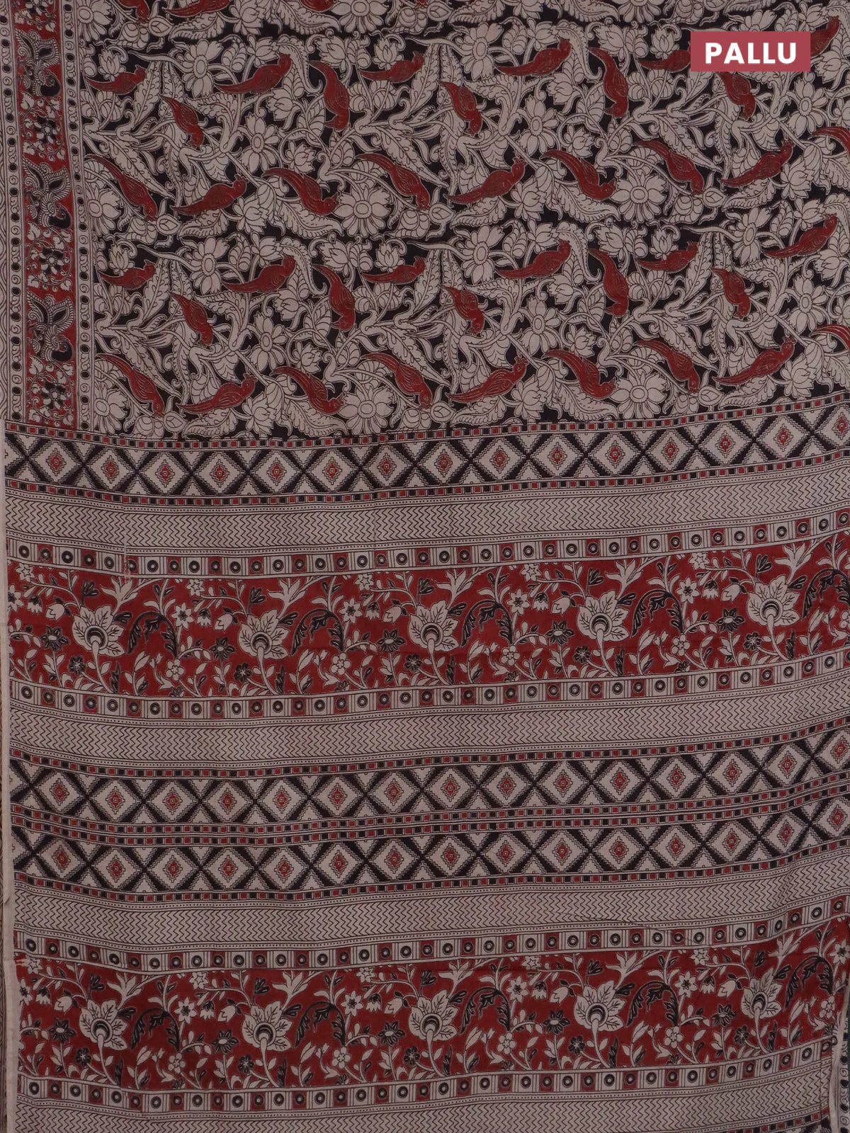 Kalamkari cotton saree black and maroon with allover prints and printed border - Image 3