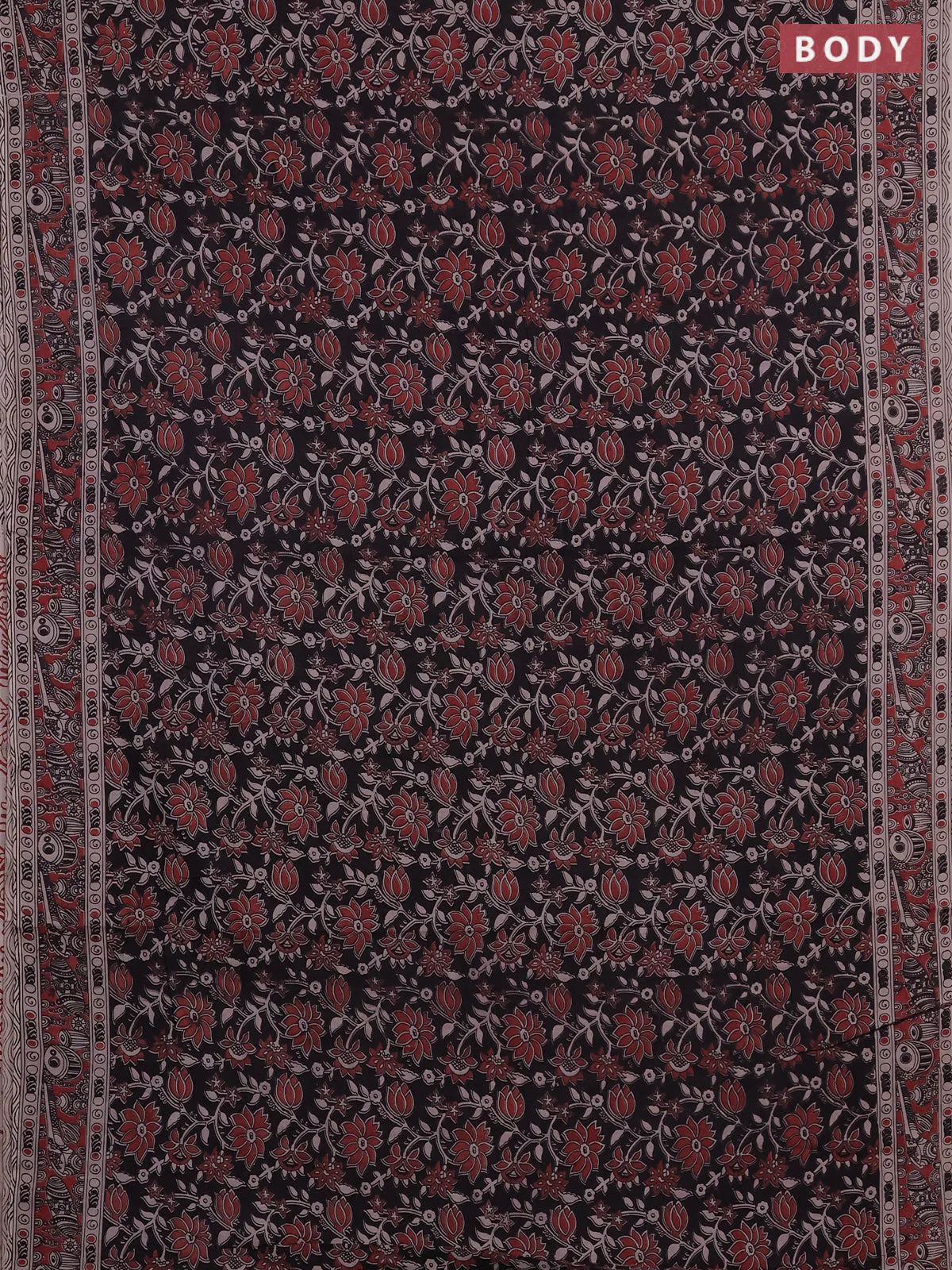 Kalamkari cotton saree black and maroon with allover prints and printed border - Image 2