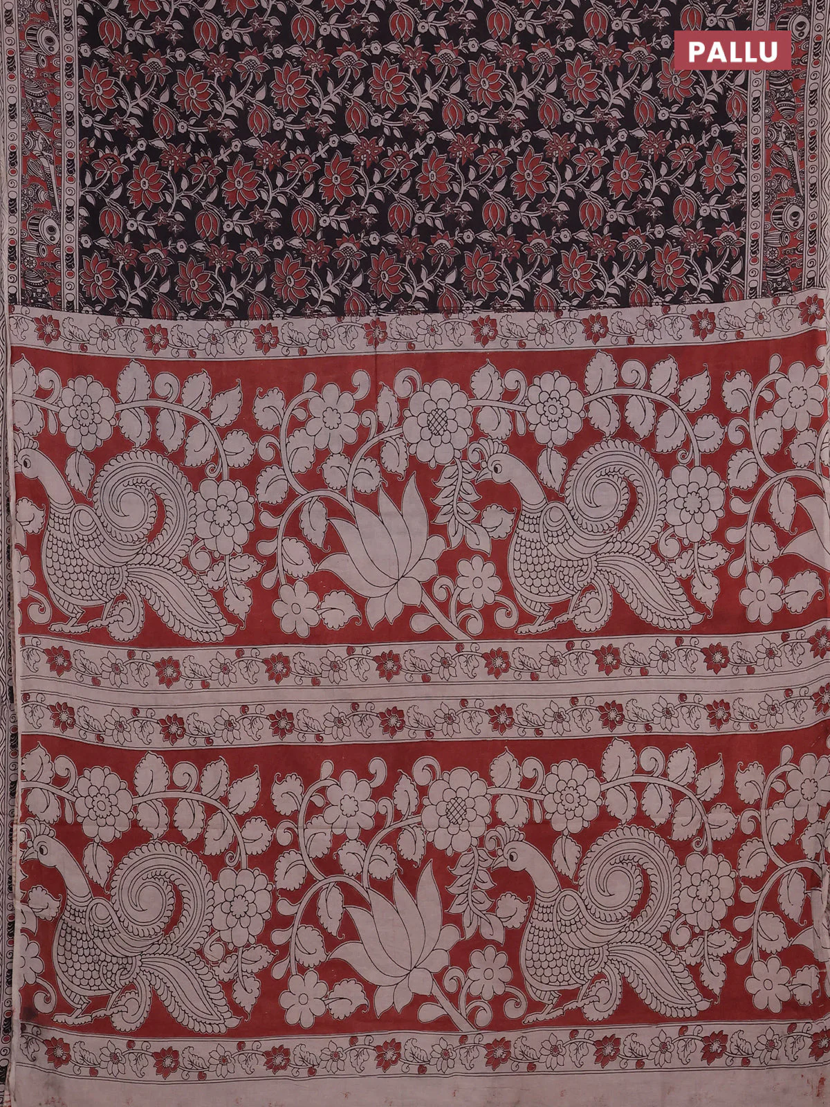 Kalamkari cotton saree black and maroon with allover prints and printed border - Image 3